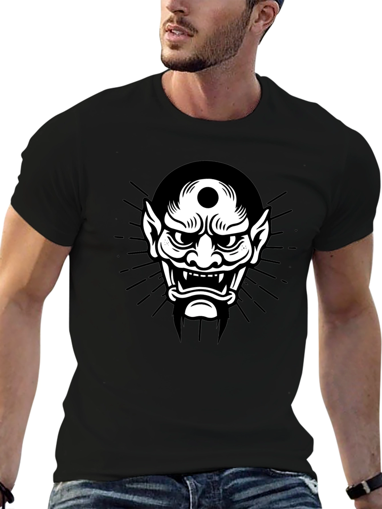 Black Tee with Japanese Oni Mask Graphic