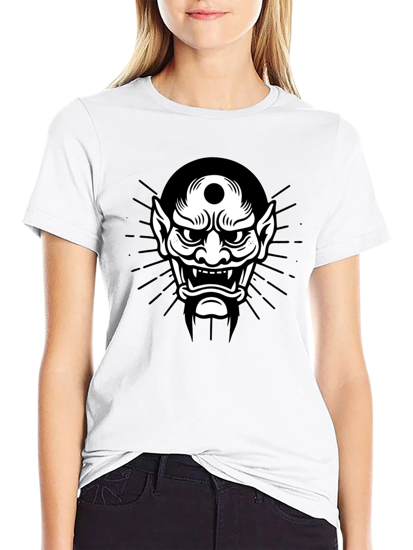 Black Tee with Japanese Oni Mask Graphic