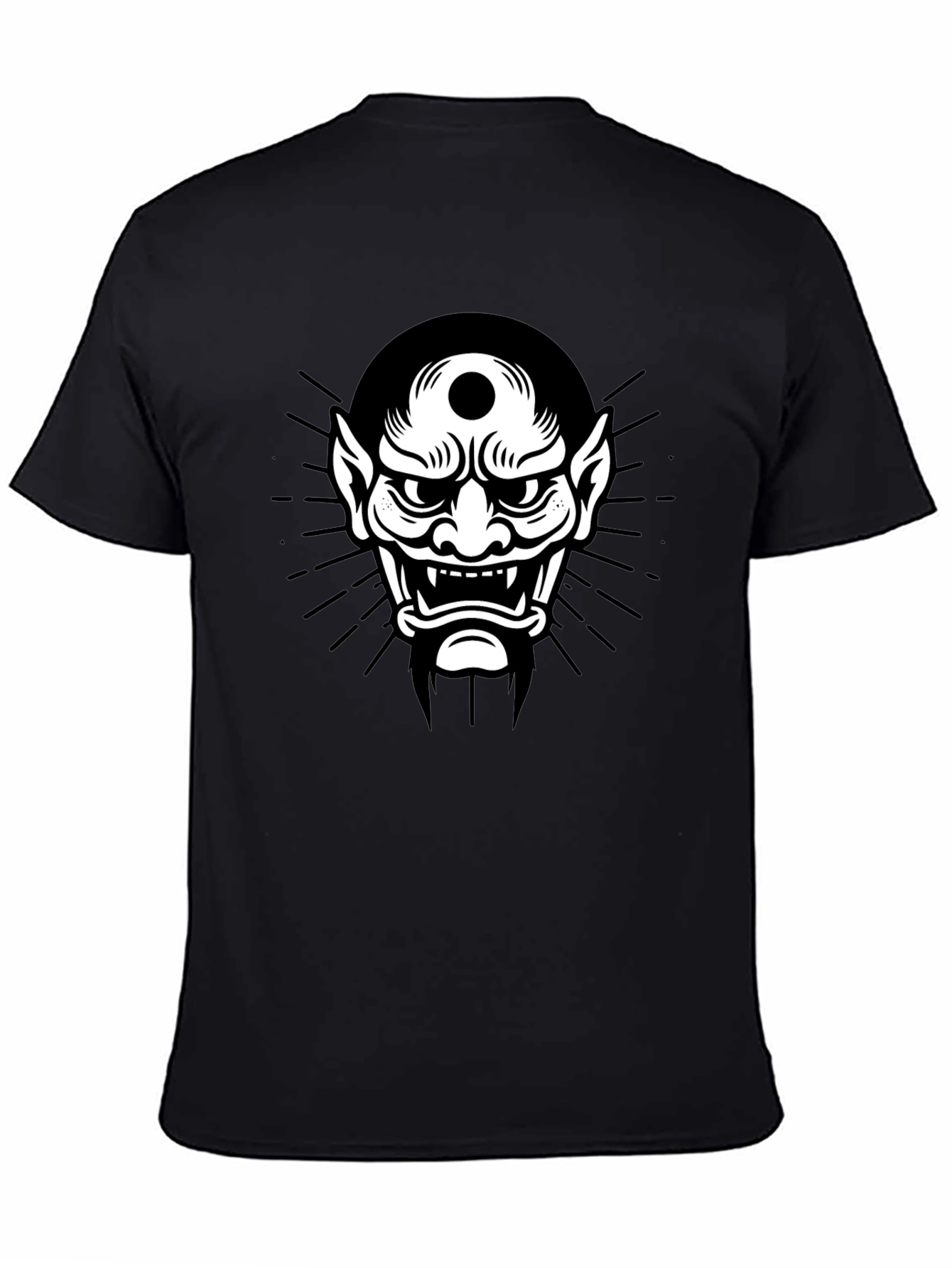 Black Tee with Japanese Oni Mask Graphic