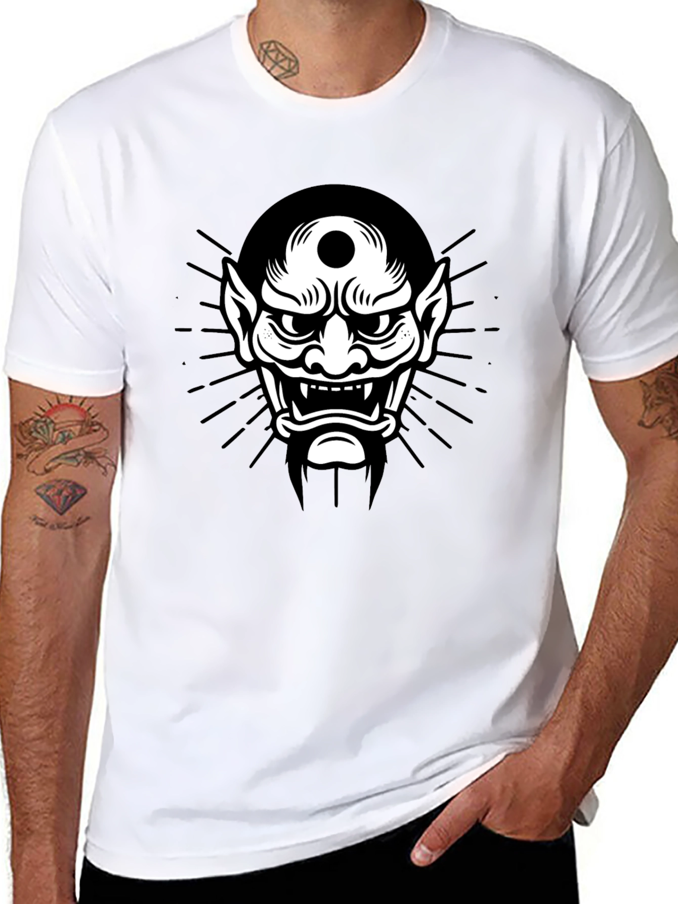Black Tee with Japanese Oni Mask Graphic