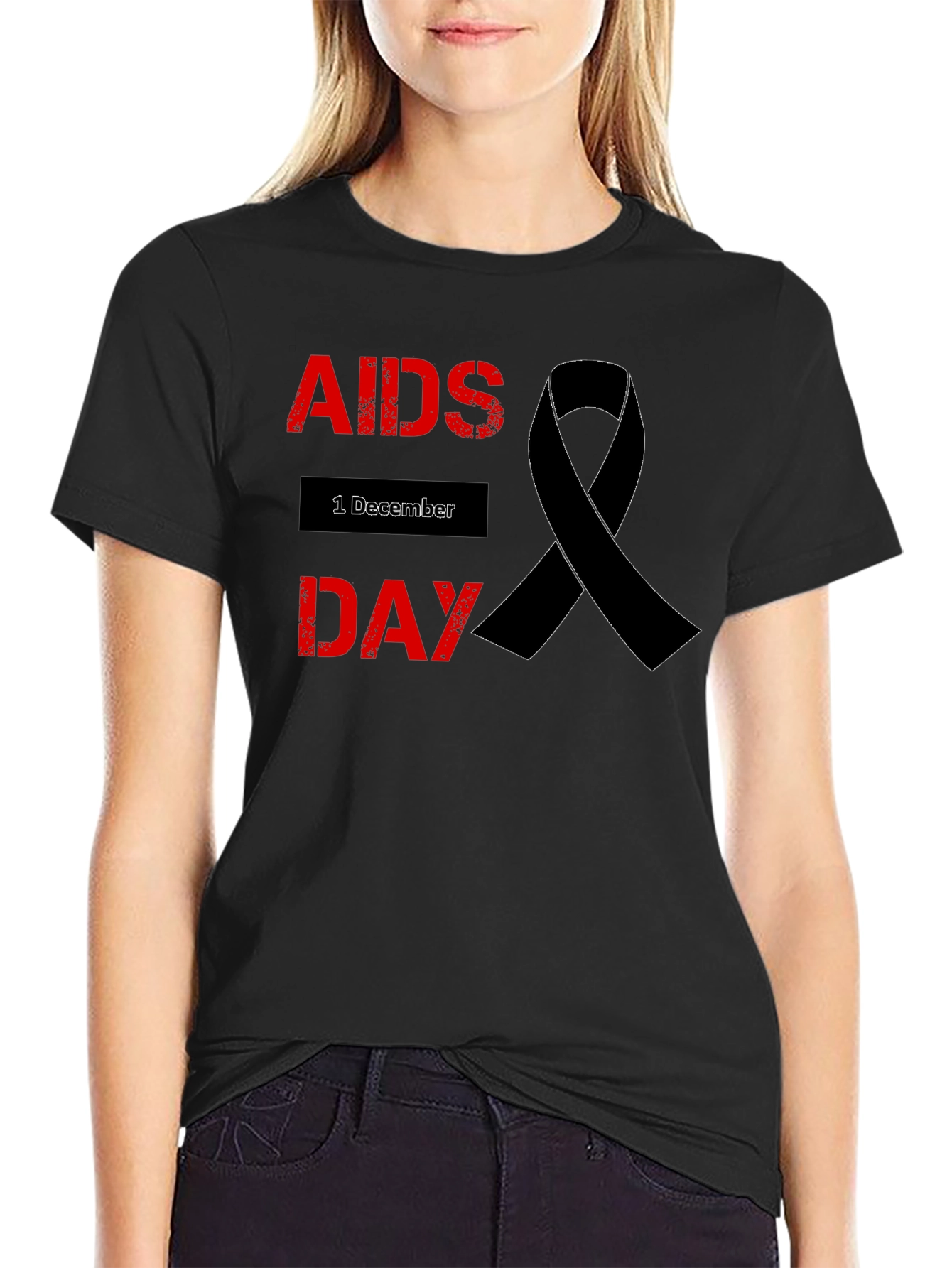 AIDS Awareness T-Shirt - Black Ribbon Design