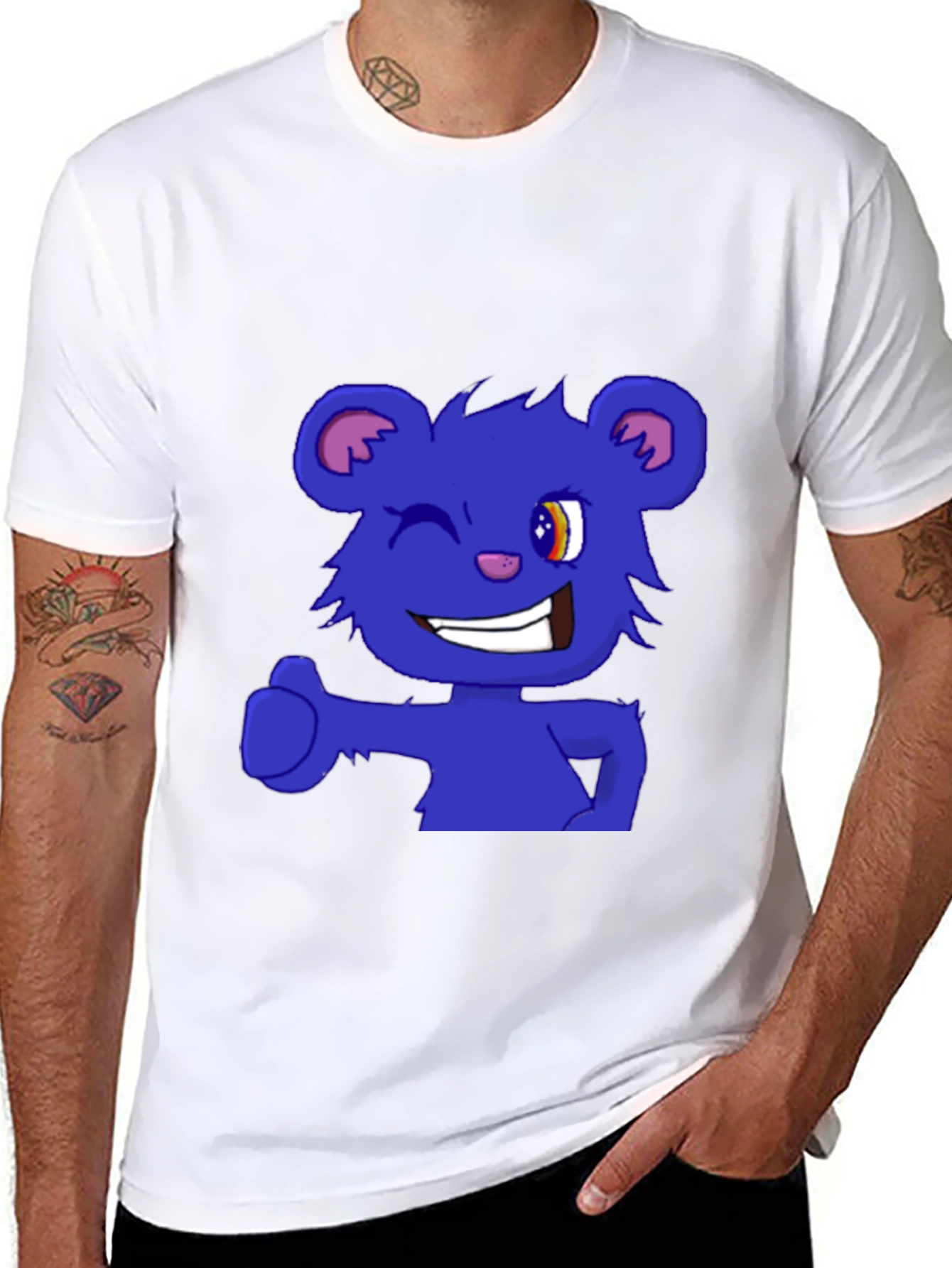Blue Cartoon Bear Wink T-Shirt