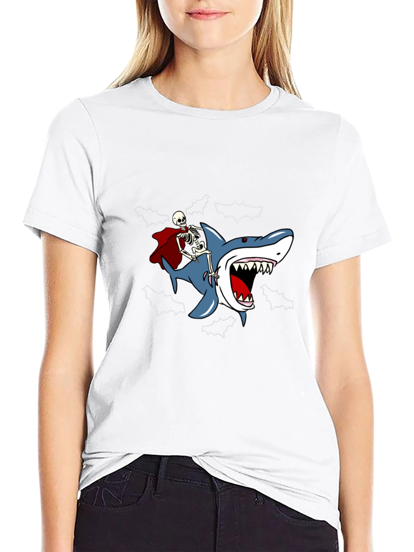Skeleton Riding Shark Graphic Tee