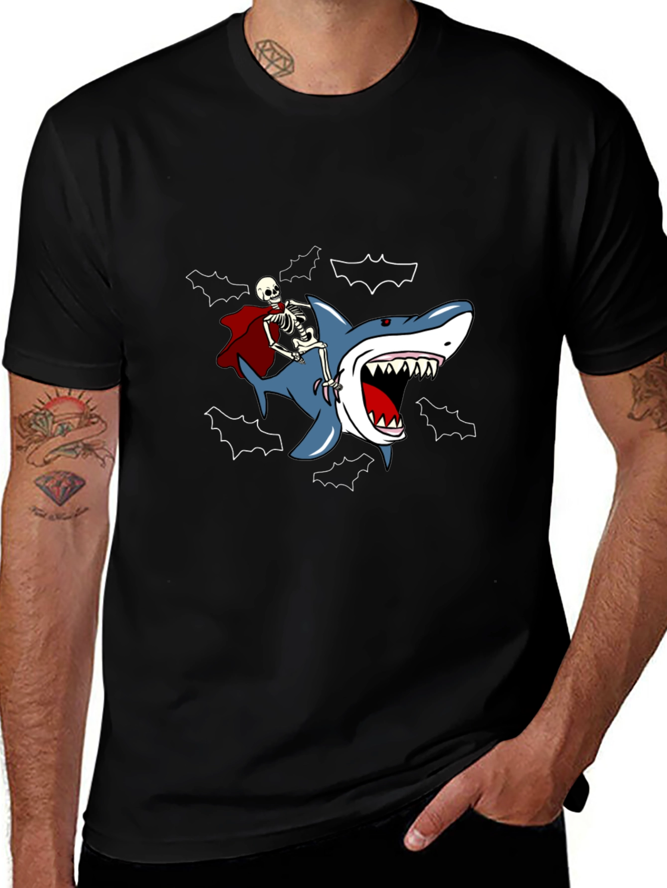 Skeleton Riding Shark Graphic Tee