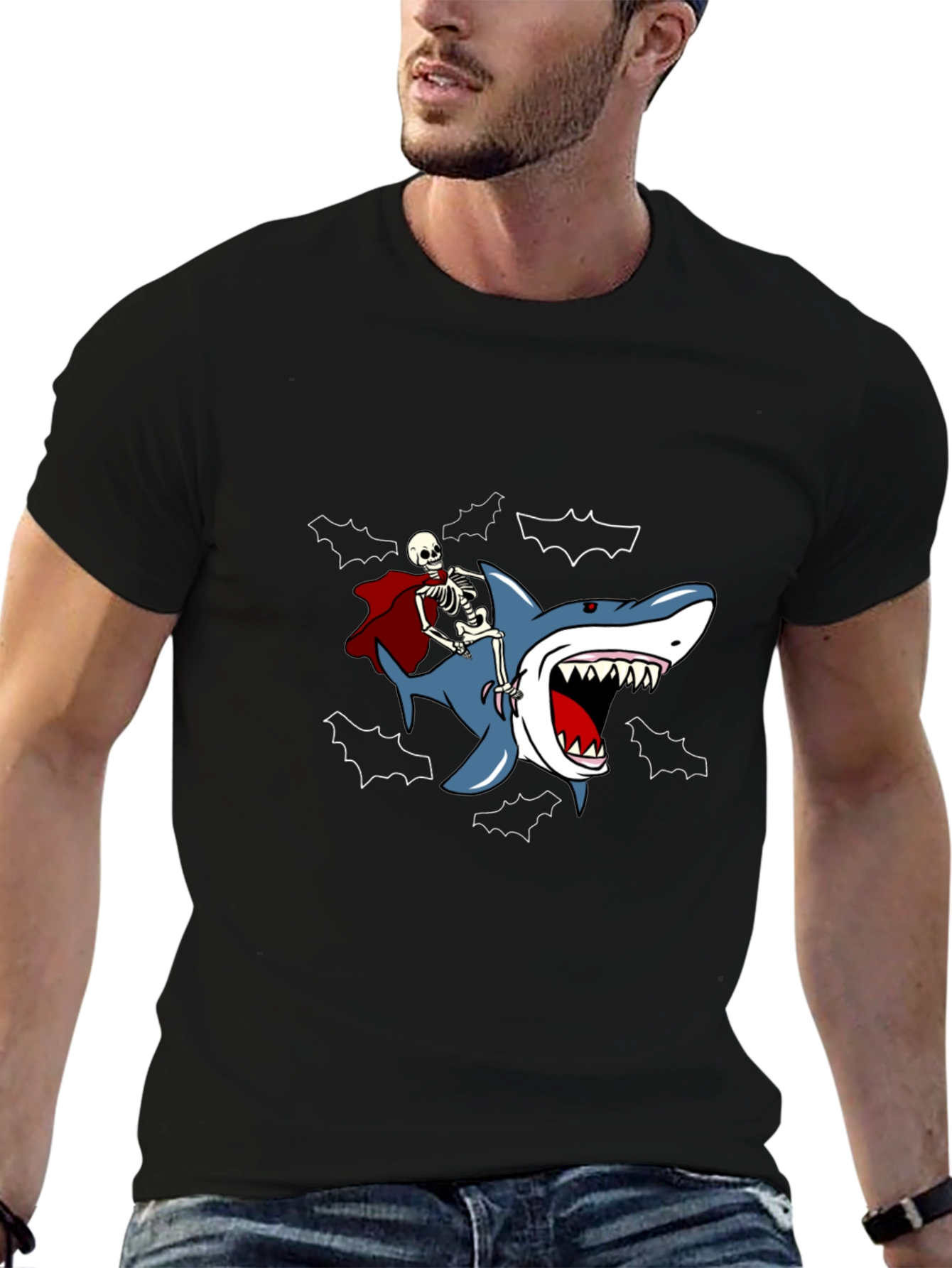 Skeleton Riding Shark Graphic Tee