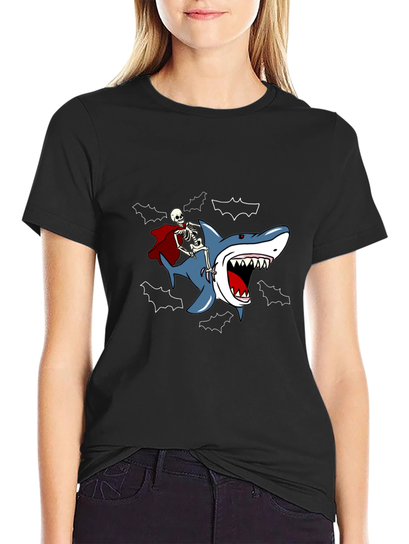Skeleton Riding Shark Graphic Tee