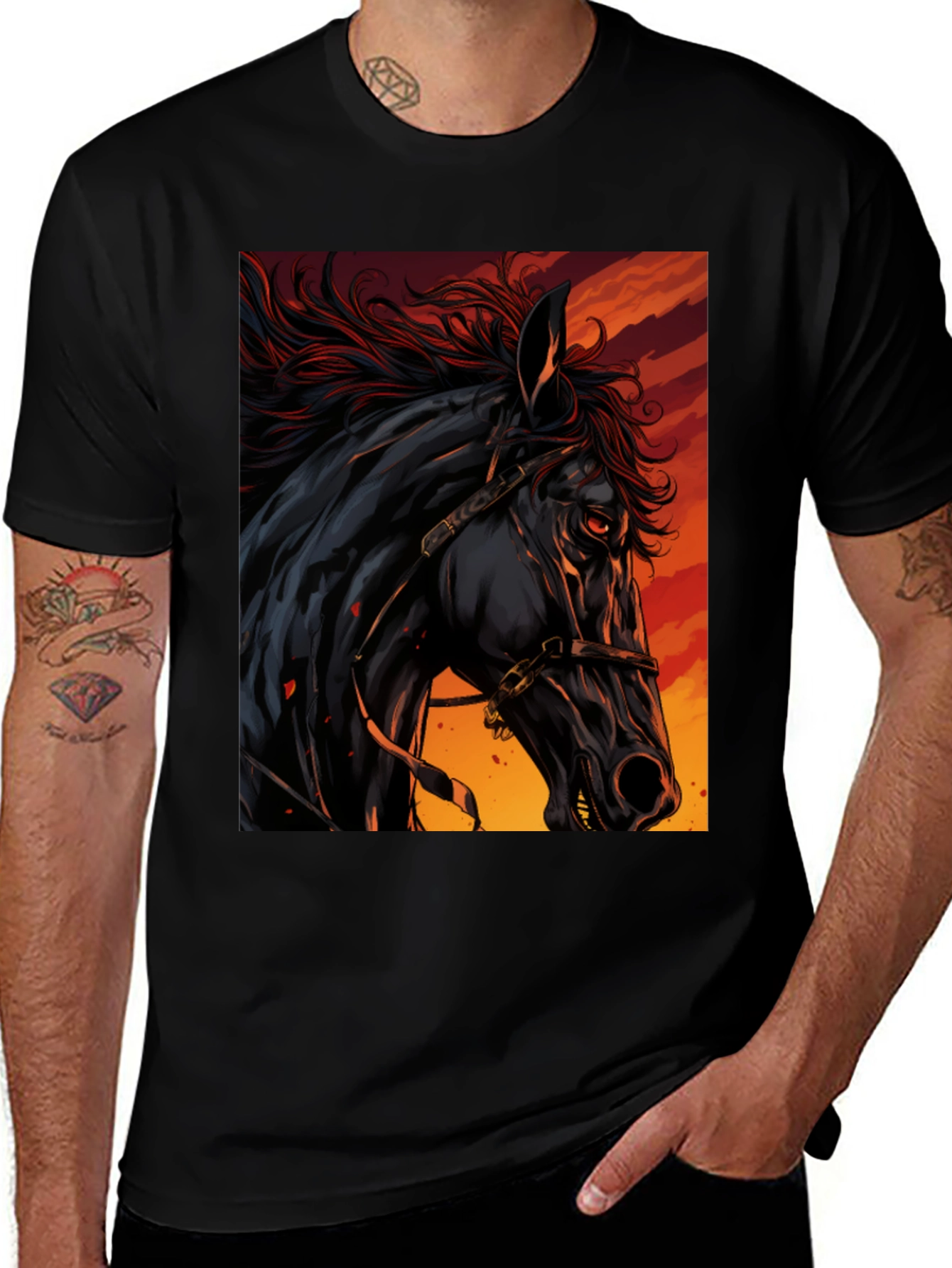 Black Horse Graphic Tee - Fiery Stallion Design