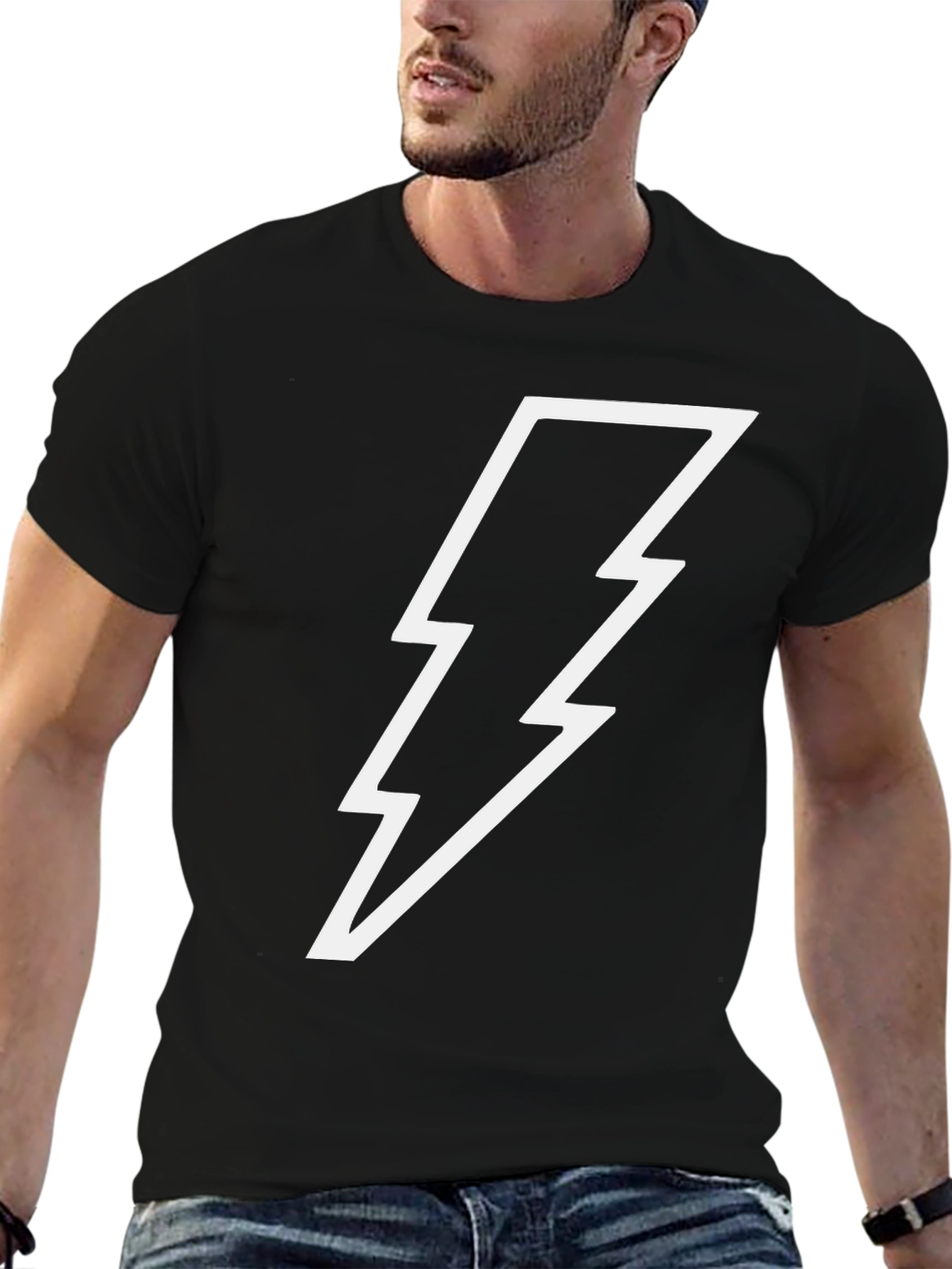 Black T-Shirt with White Lightning Bolt Design