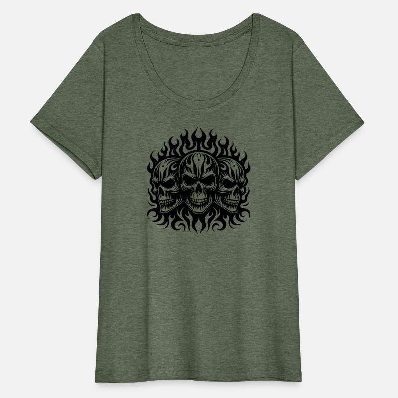 Three Grinning Skull Flames Tattoo Tribal Style