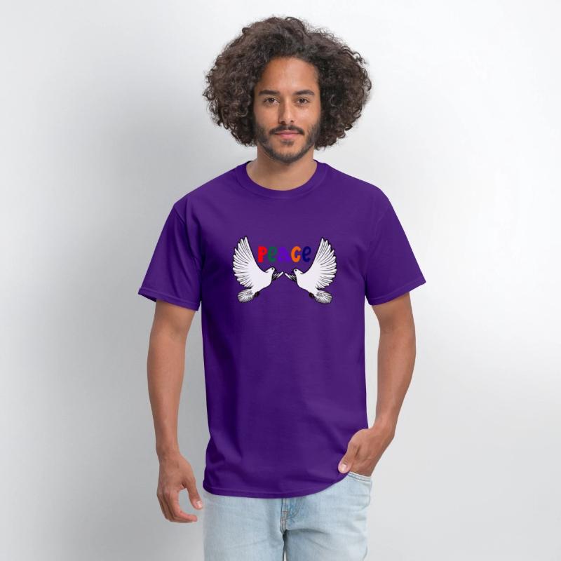 Two white peace doves with colored text in English