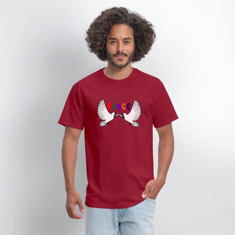Two white peace doves with colored text in English