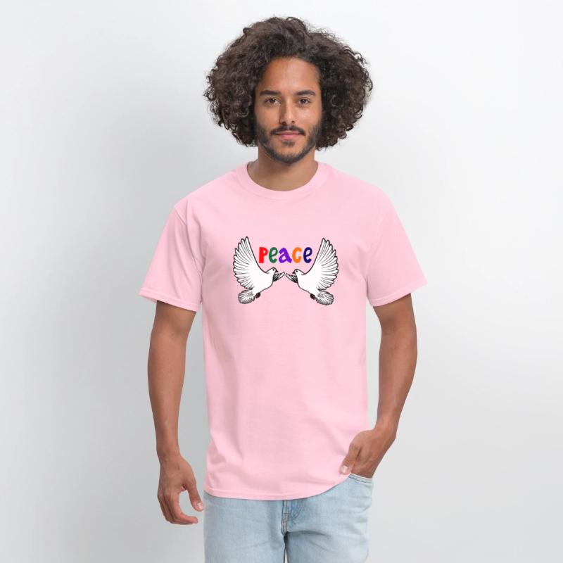 Two white peace doves with colored text in English
