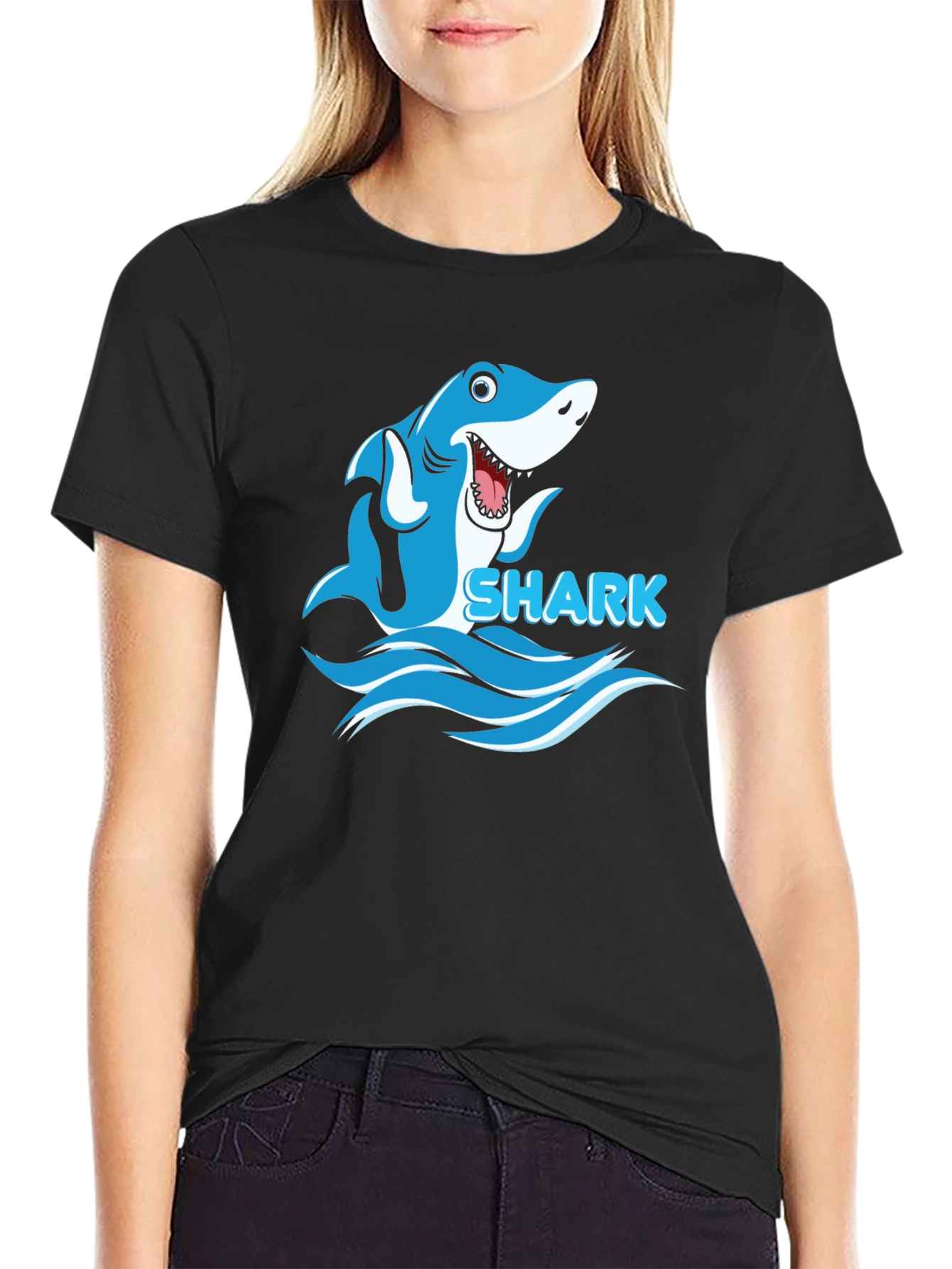 Cartoon Shark Graphic Mens Black T-Shirt