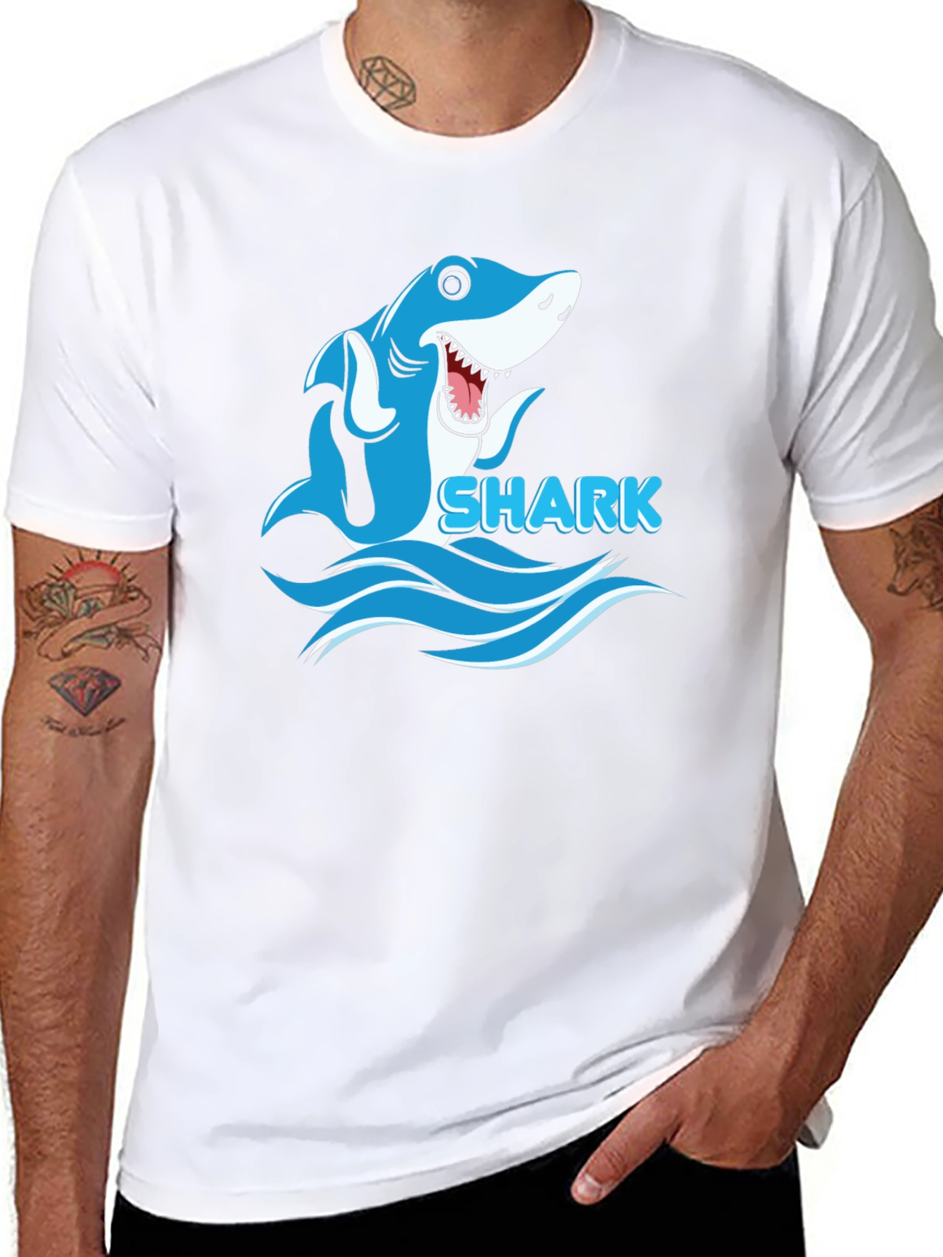 Cartoon Shark Graphic Mens Black T-Shirt