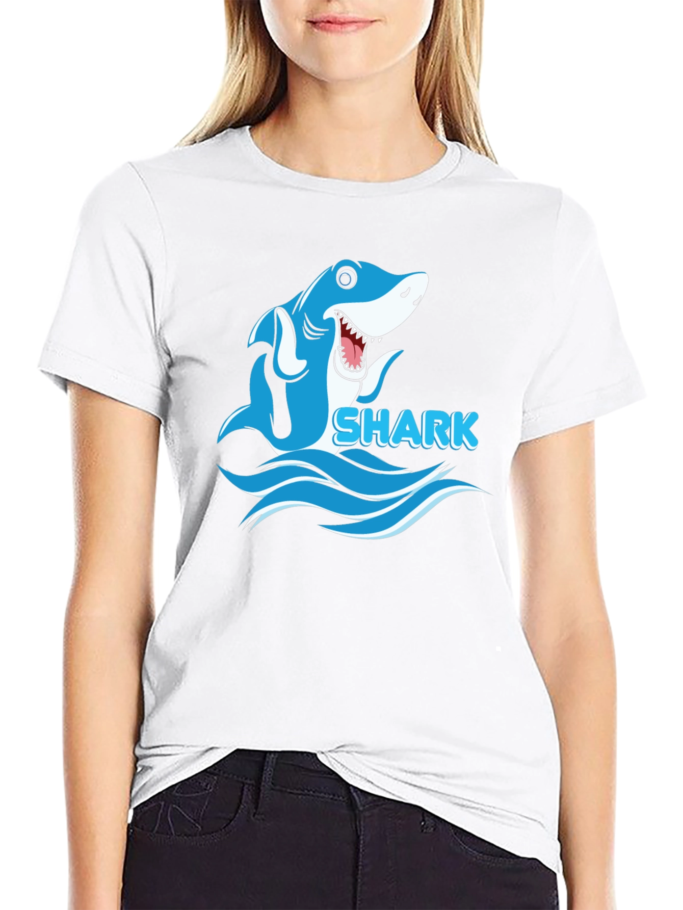 Cartoon Shark Graphic Mens Black T-Shirt