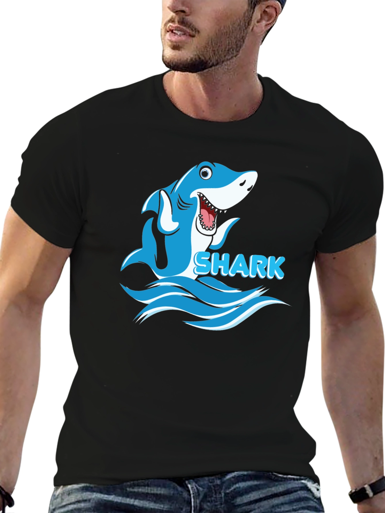 Cartoon Shark Graphic Mens Black T-Shirt