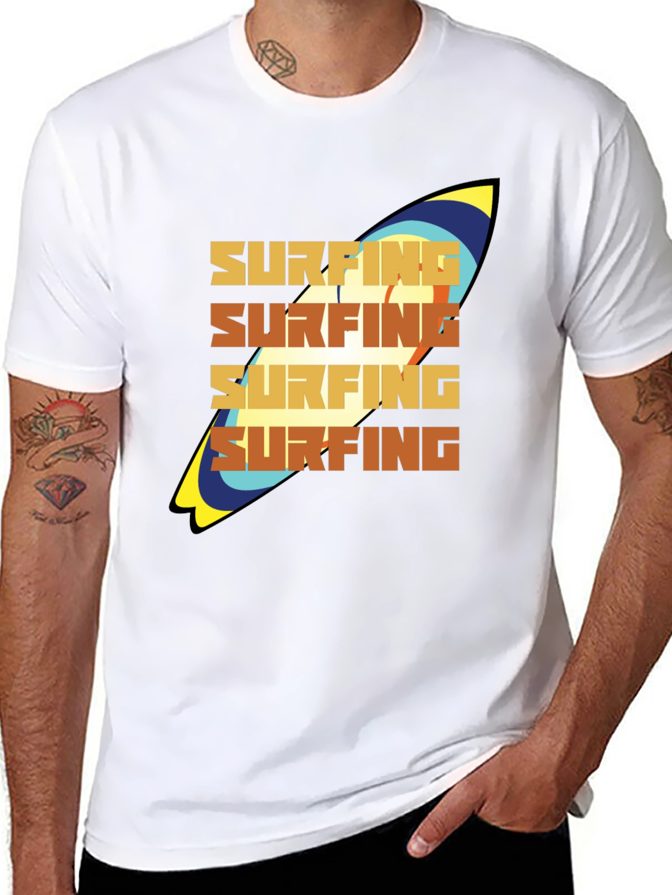 Surfing T-Shirt: Retro Surfboard Design Soft Cotton Tee