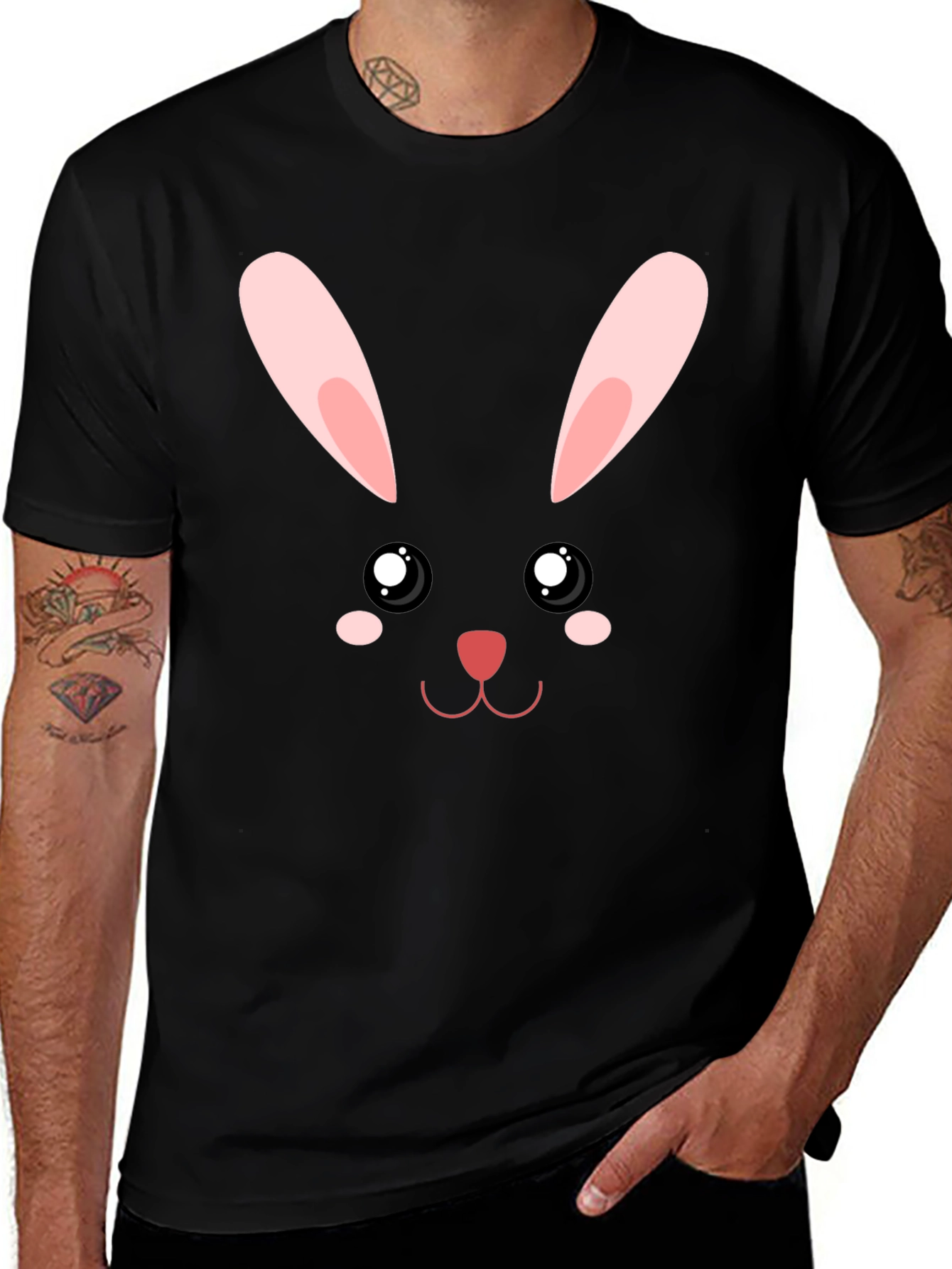 Cute Bunny Face Graphic T-Shirt - Black