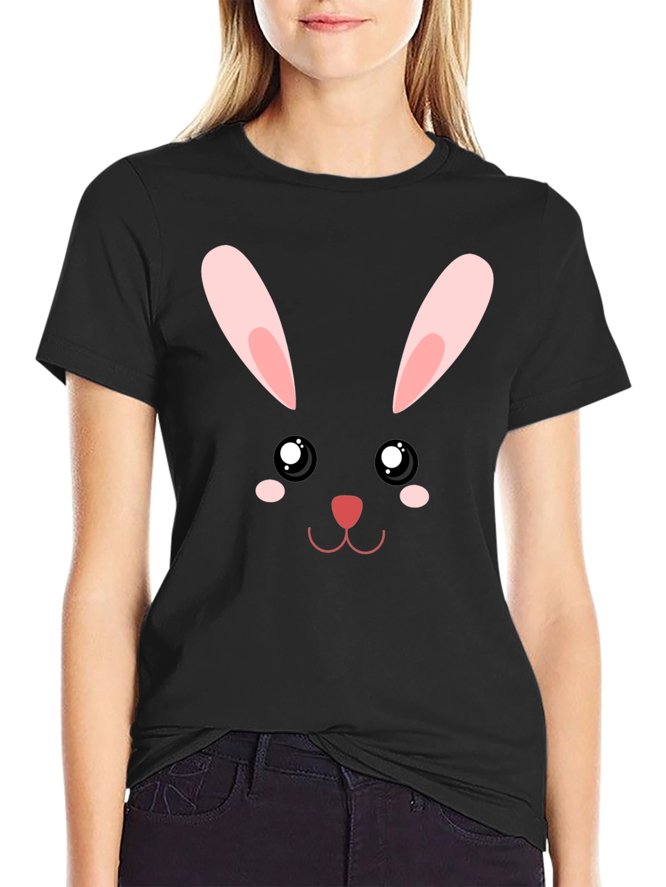 Cute Bunny Face Graphic T-Shirt - Black