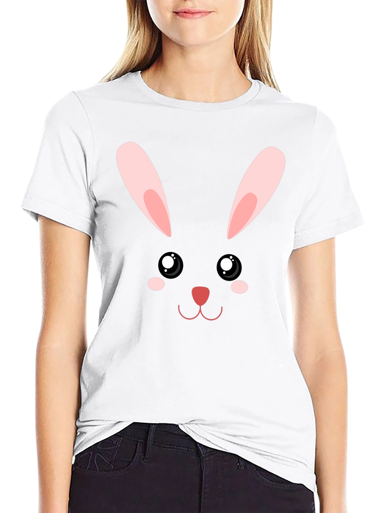 Cute Bunny Face Graphic T-Shirt - Black