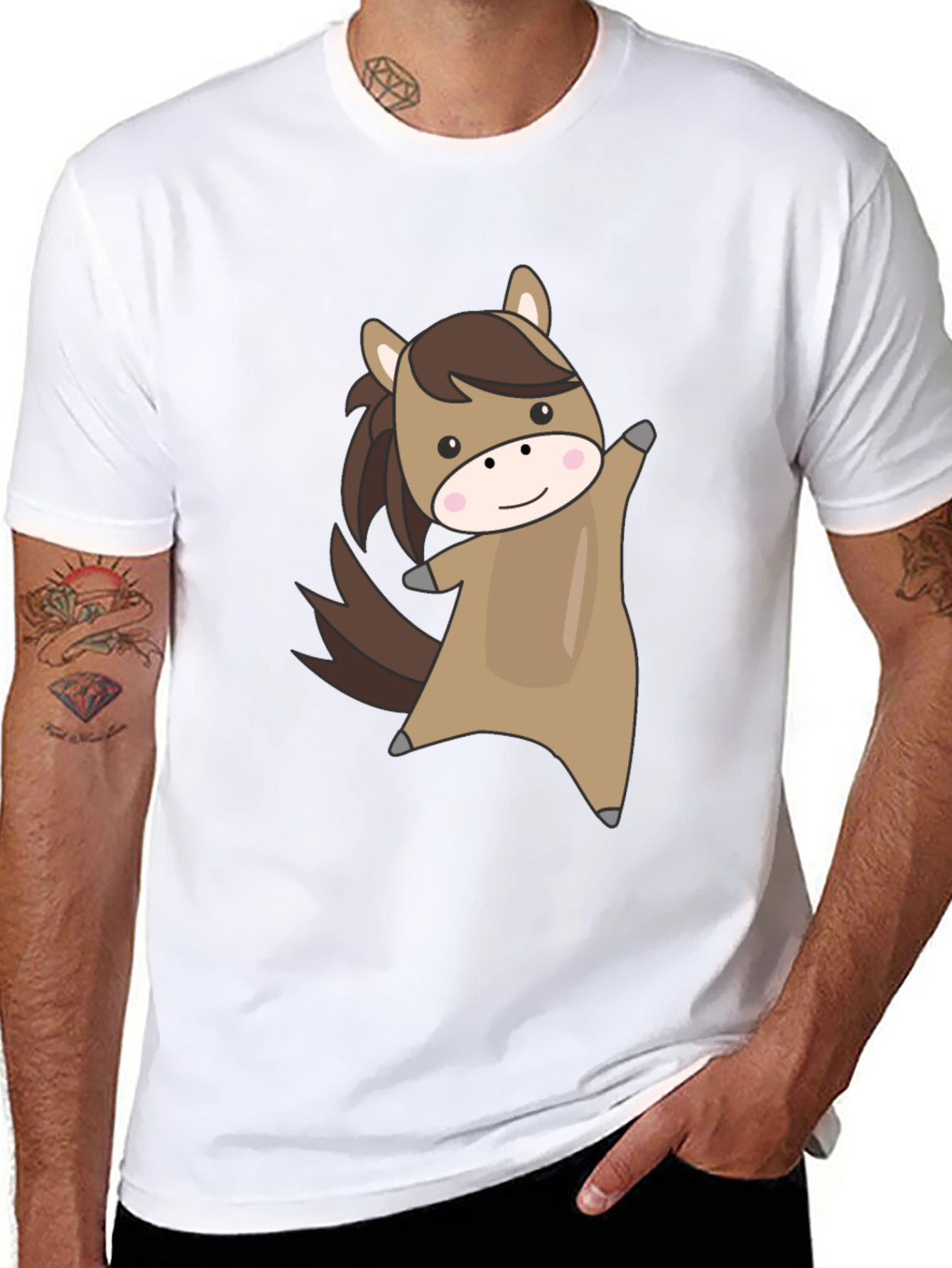 Cute Cartoon Horse Graphic Black T-Shirt