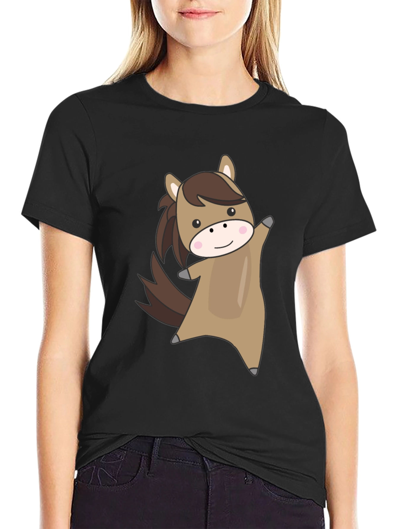 Cute Cartoon Horse Graphic Black T-Shirt