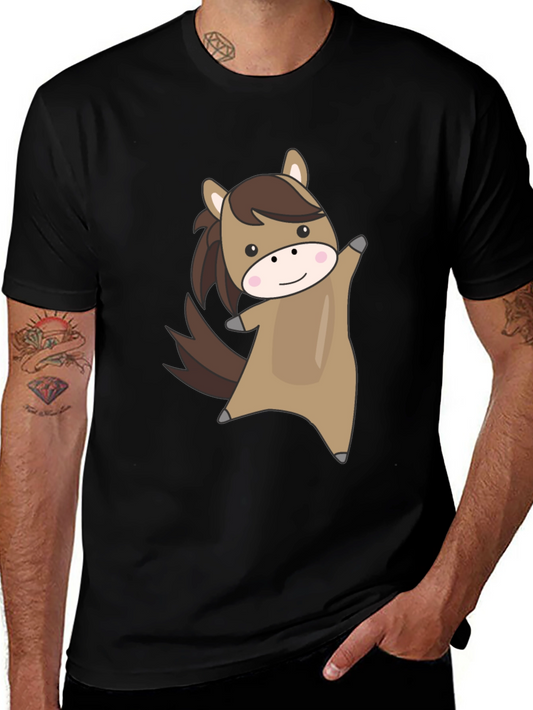 Cute Cartoon Horse Graphic Black T-Shirt