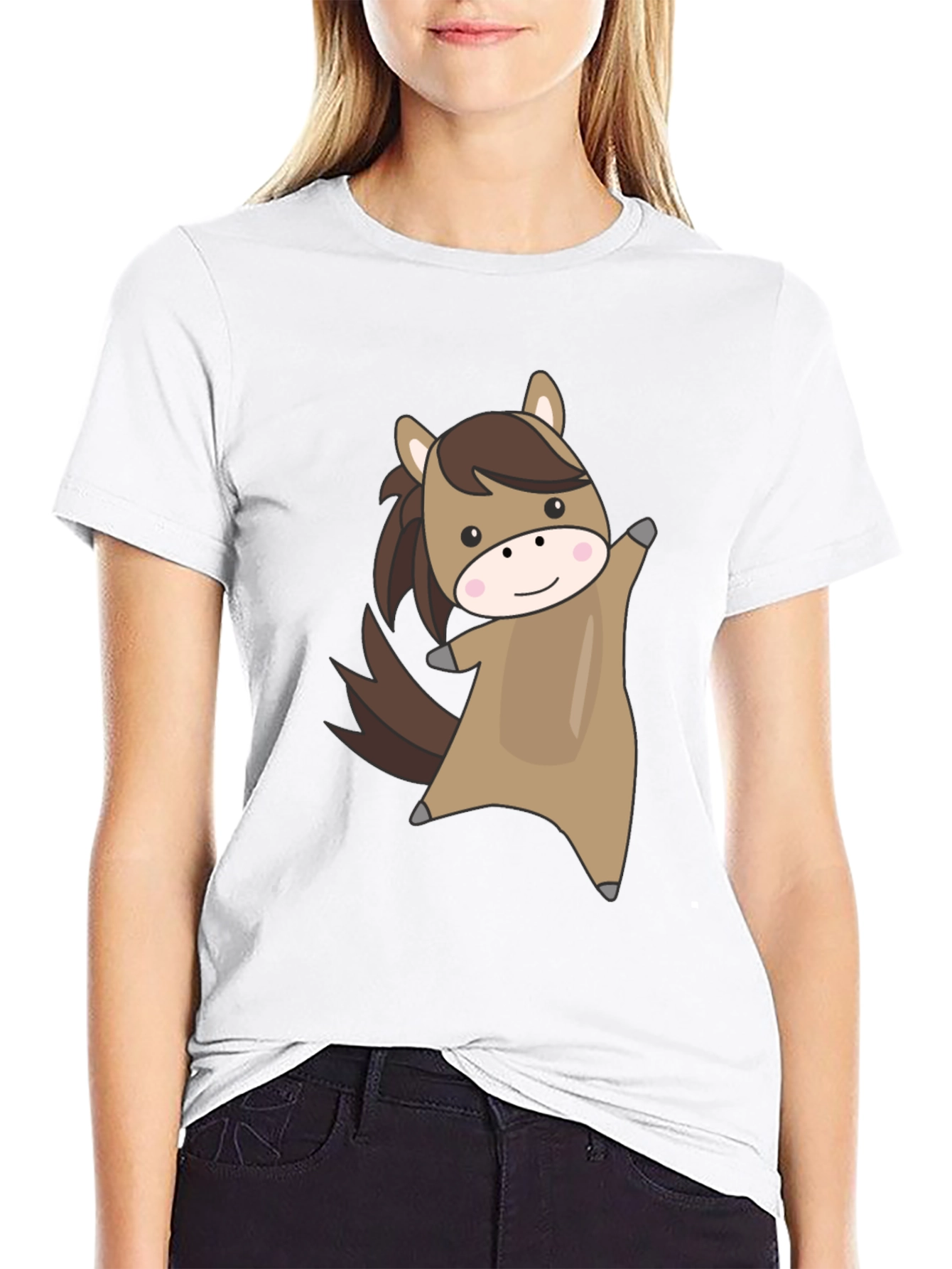 Cute Cartoon Horse Graphic Black T-Shirt