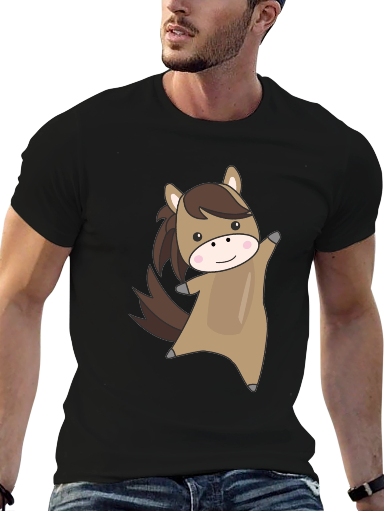 Cute Cartoon Horse Graphic Black T-Shirt