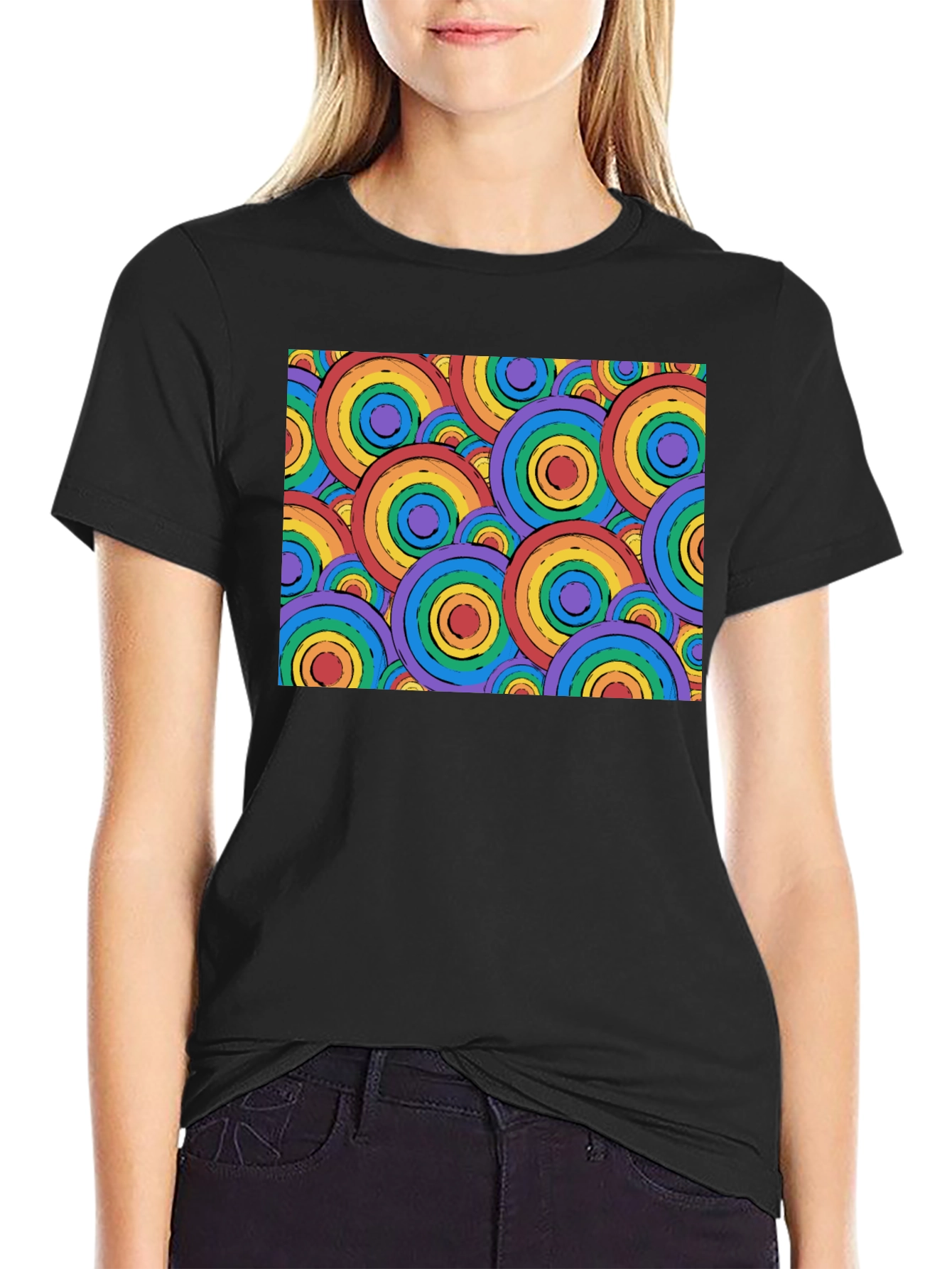 Retro Rainbow Circle Pattern Black T-Shirt