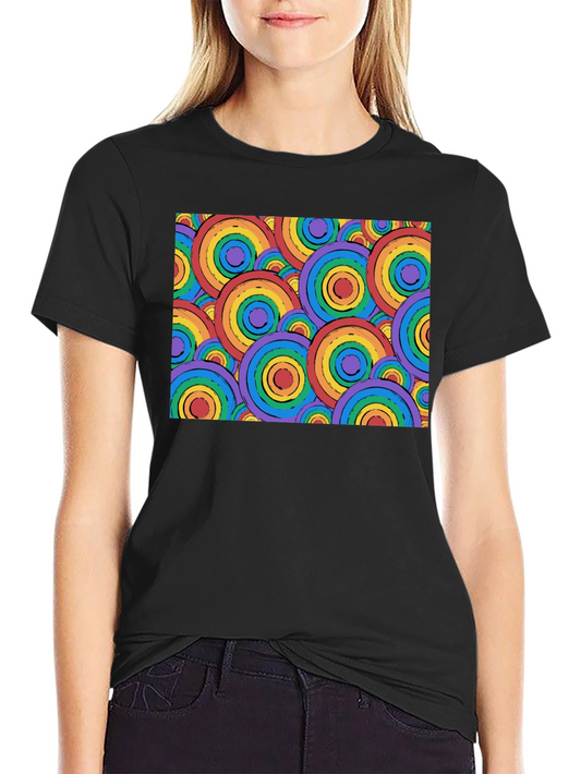 Retro Rainbow Circle Pattern Black T-Shirt