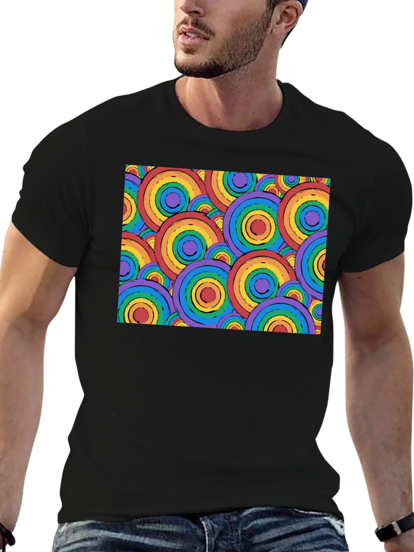 Retro Rainbow Circle Pattern Black T-Shirt
