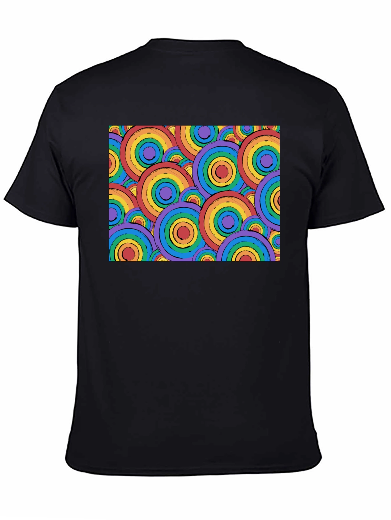Retro Rainbow Circle Pattern Black T-Shirt