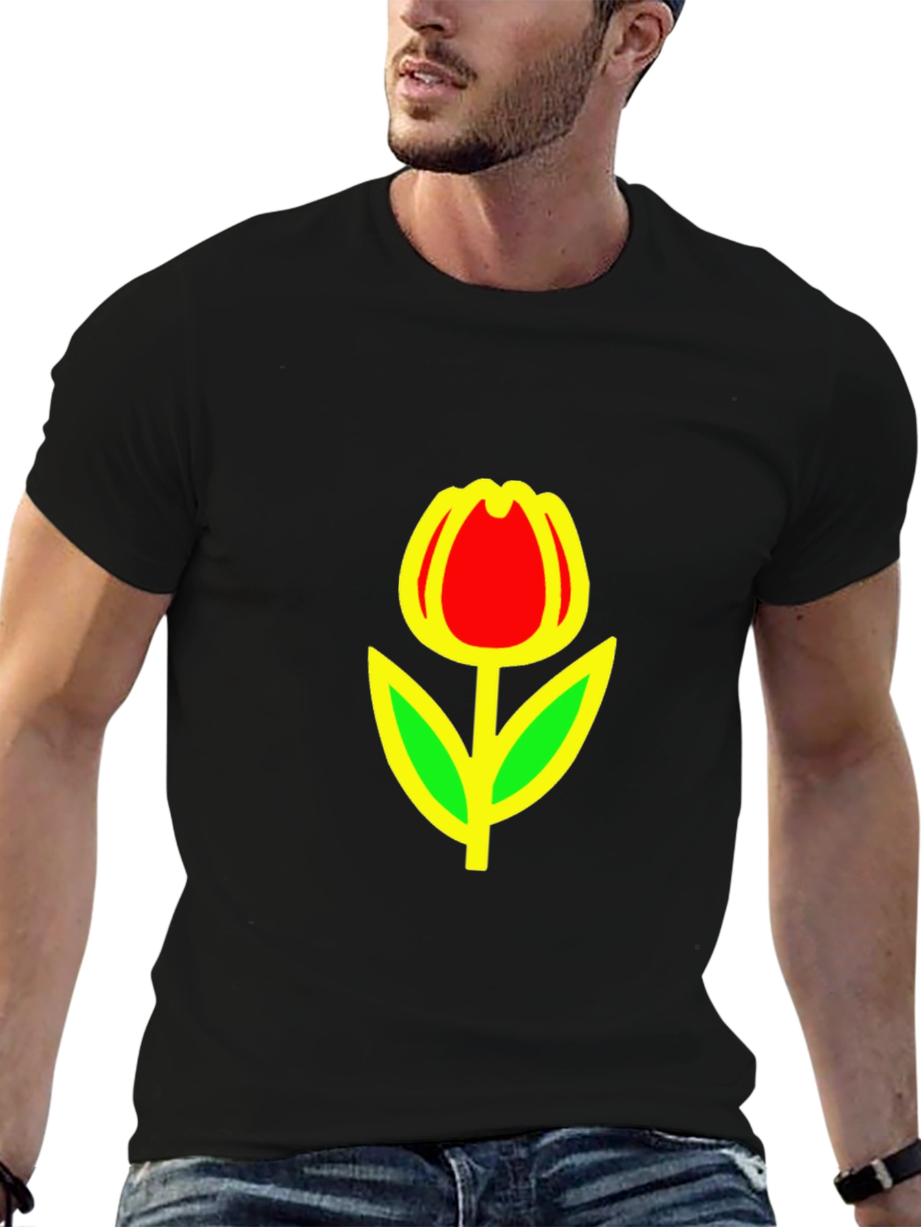 Red Tulip Graphic Black T-Shirt