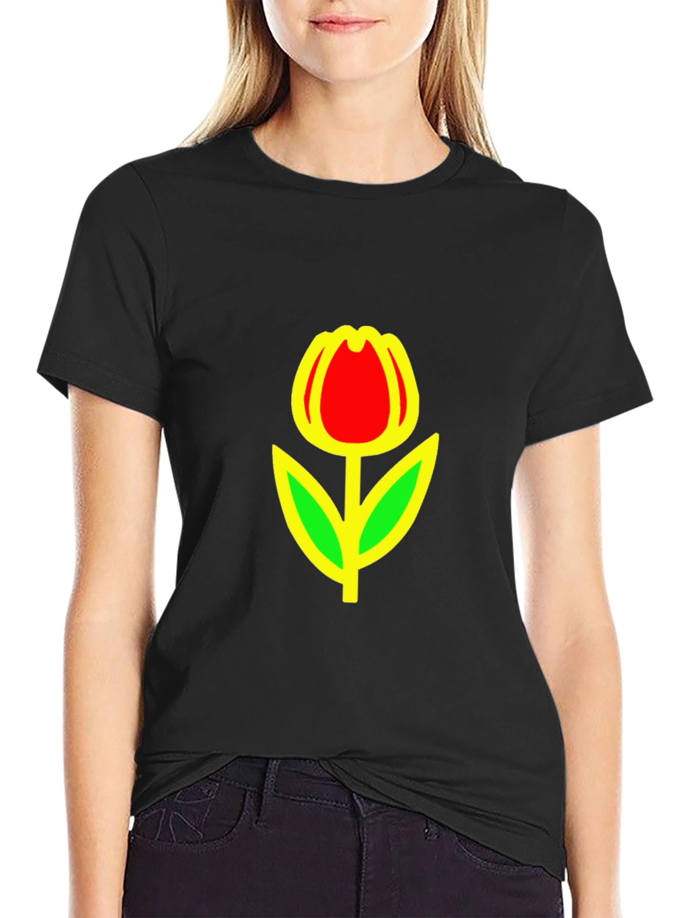 Red Tulip Graphic Black T-Shirt