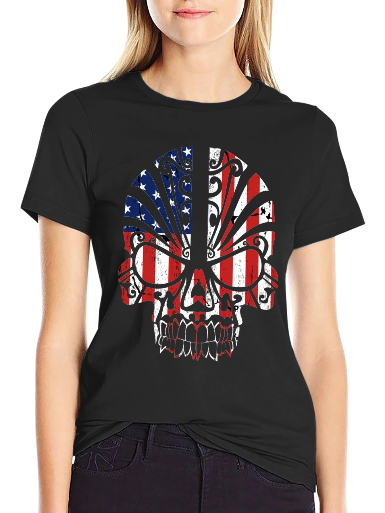 American Flag Skull Graphic Tee - Patriotic Style