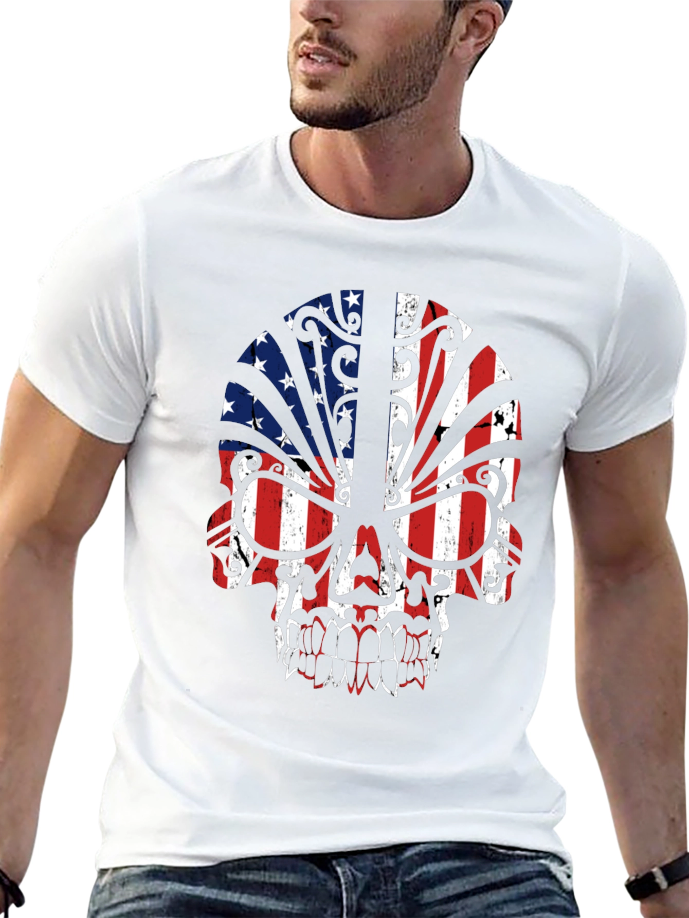 American Flag Skull Graphic Tee - Patriotic Style