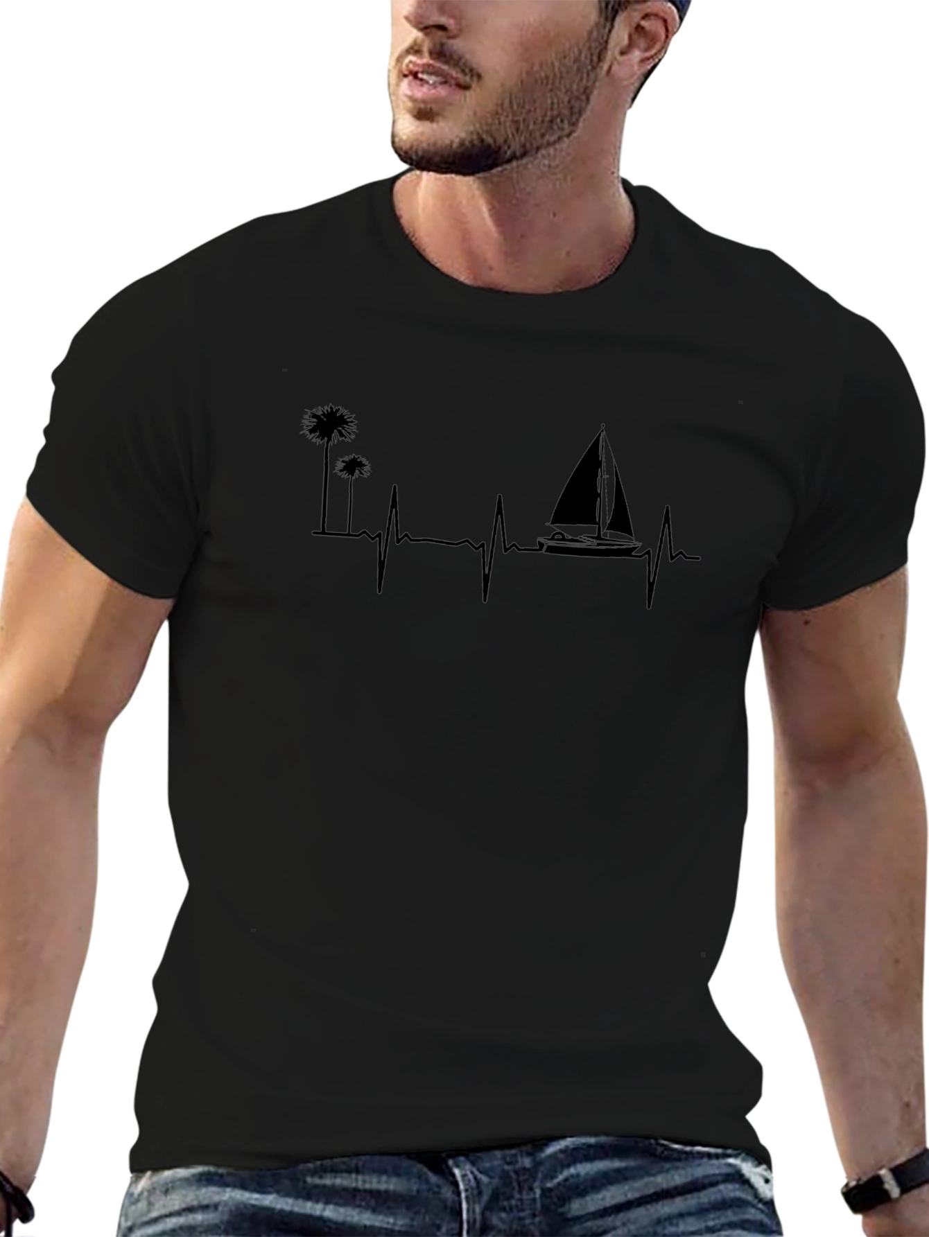 Black Palm Tree & Sailboat Heartbeat T-Shirt