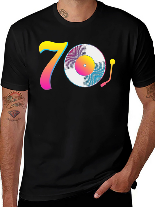 70s Retro Vinyl Record T-Shirt - Black