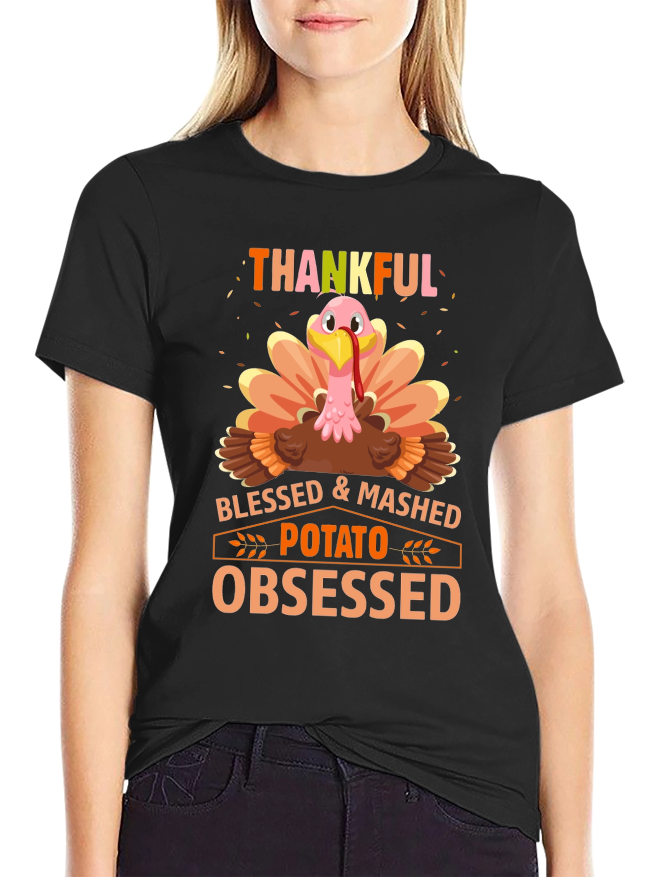 Thankful Turkey T-Shirt - Blessed & Mashed Potato Obsessed