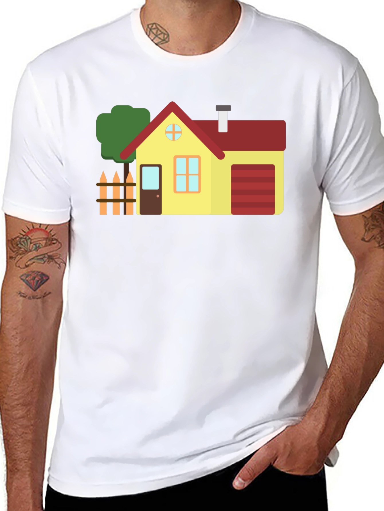 Cartoon House Graphic Tee Black Cotton Shirt