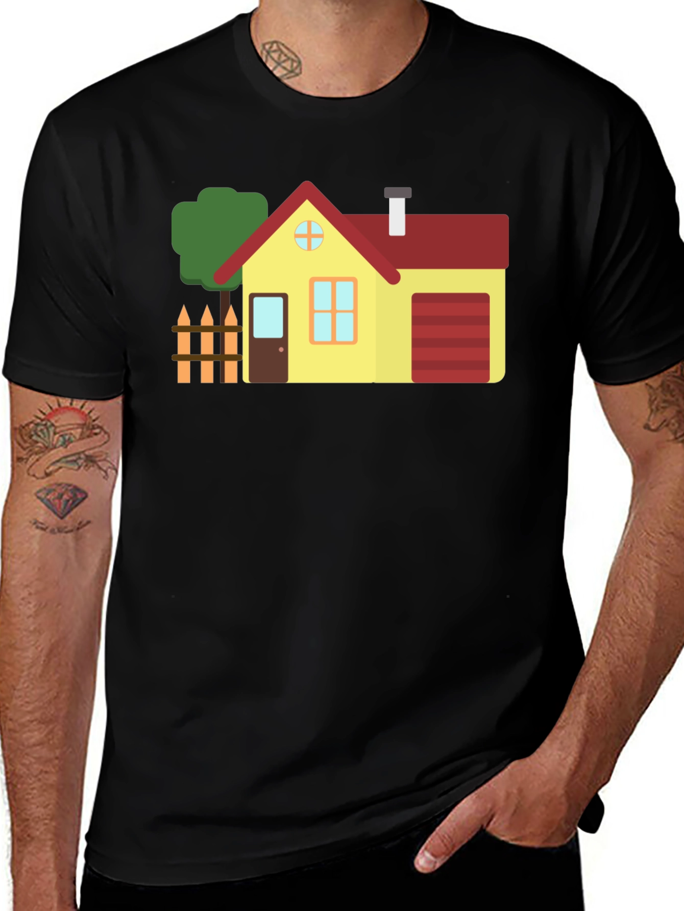 Cartoon House Graphic Tee Black Cotton Shirt