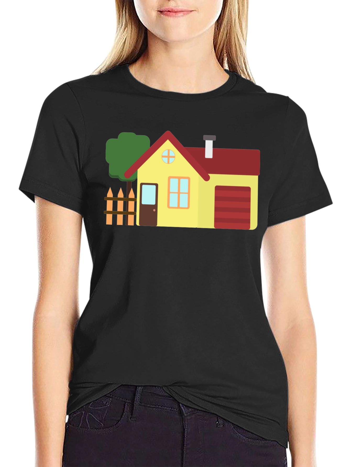 Cartoon House Graphic Tee Black Cotton Shirt