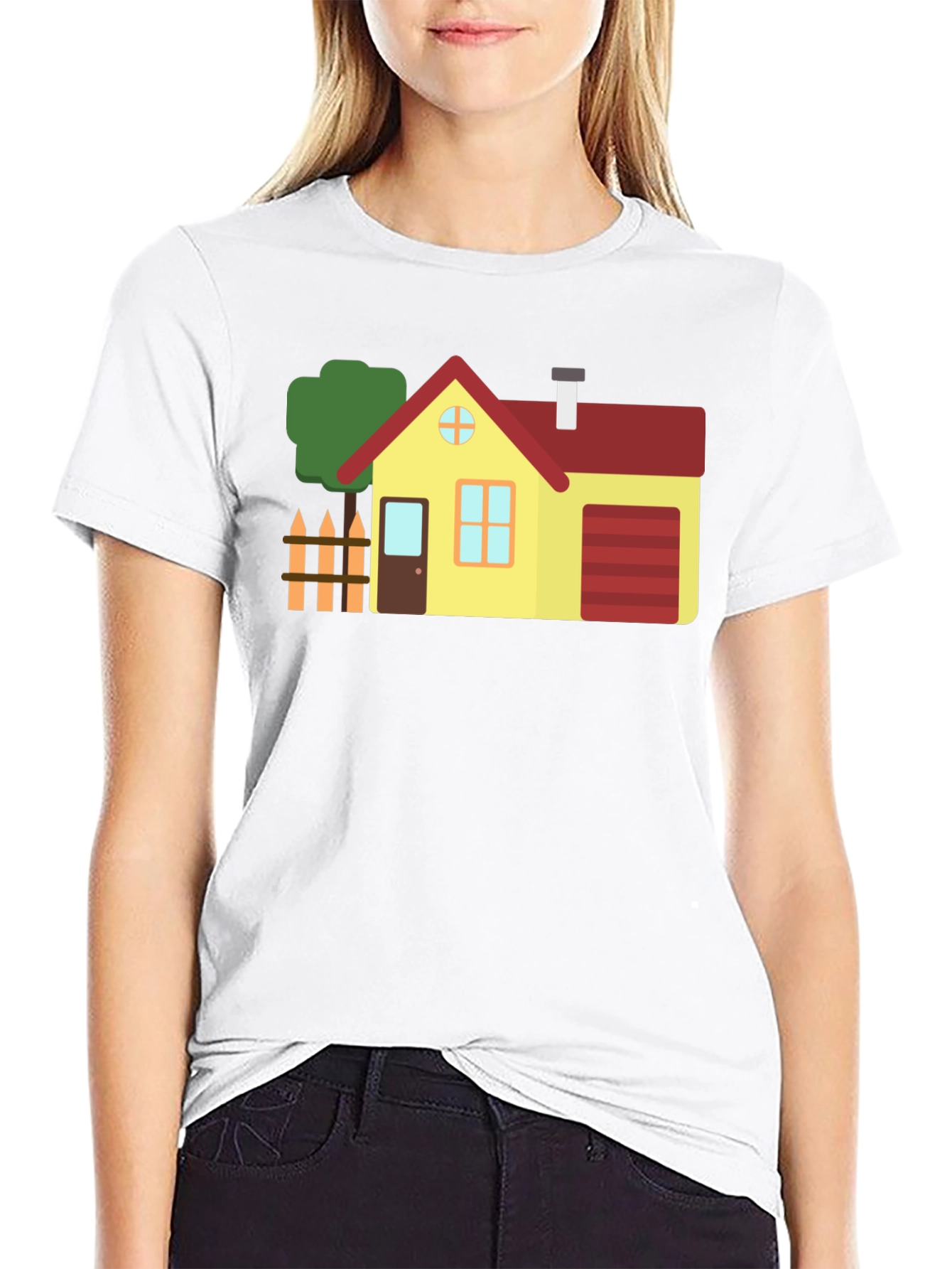 Cartoon House Graphic Tee Black Cotton Shirt