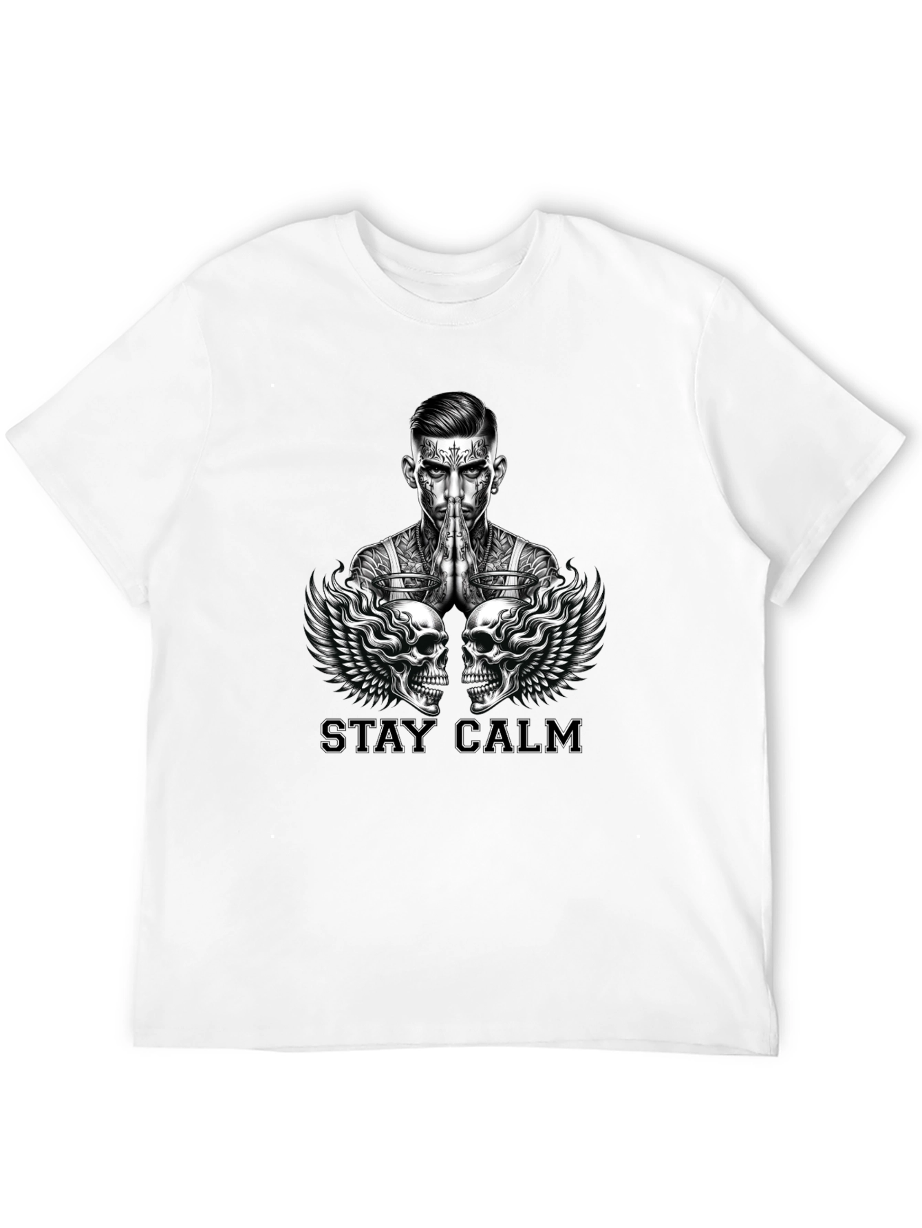 Stay Calm Tattoo Skull Graphic Black T-Shirt
