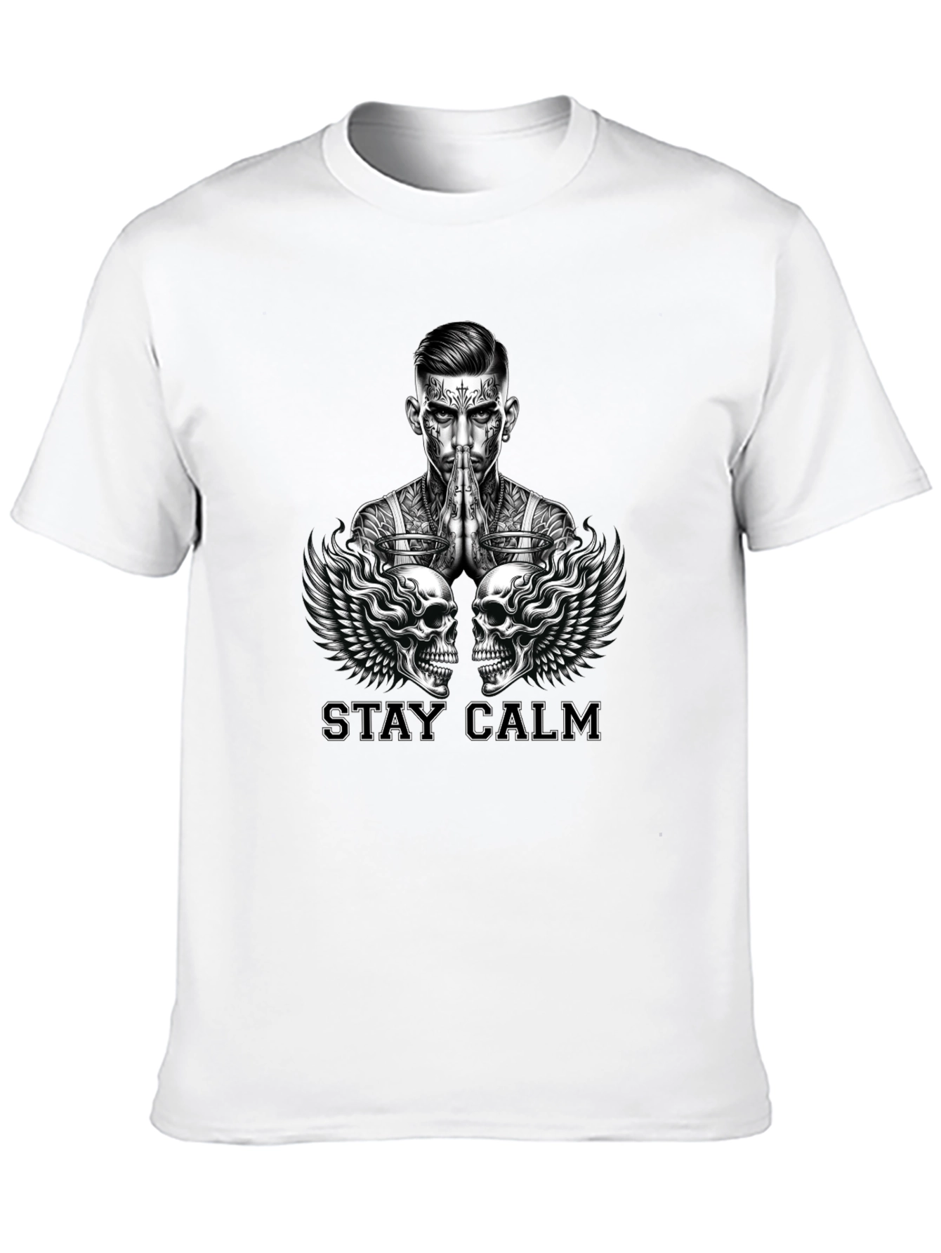 Stay Calm Tattoo Skull Graphic Black T-Shirt