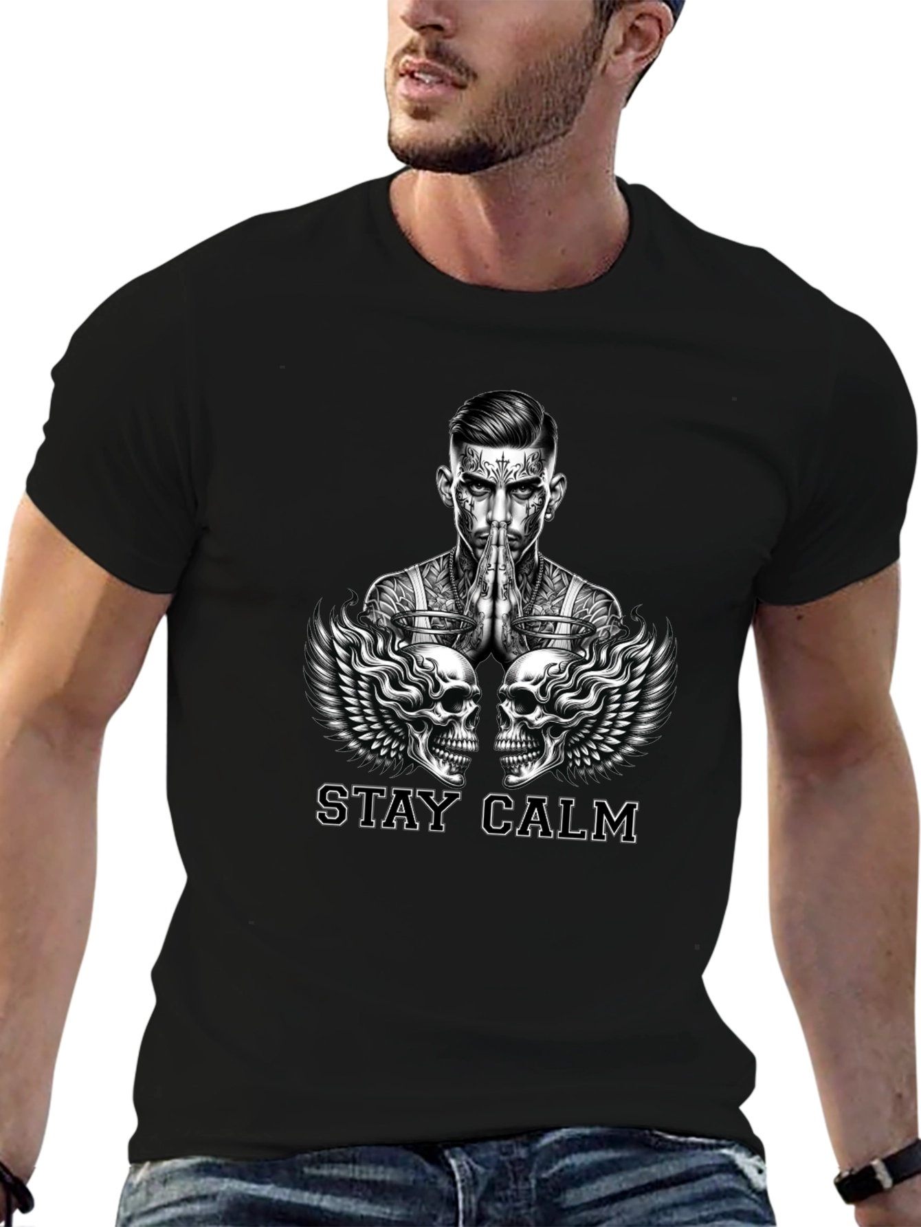 Stay Calm Tattoo Skull Graphic Black T-Shirt