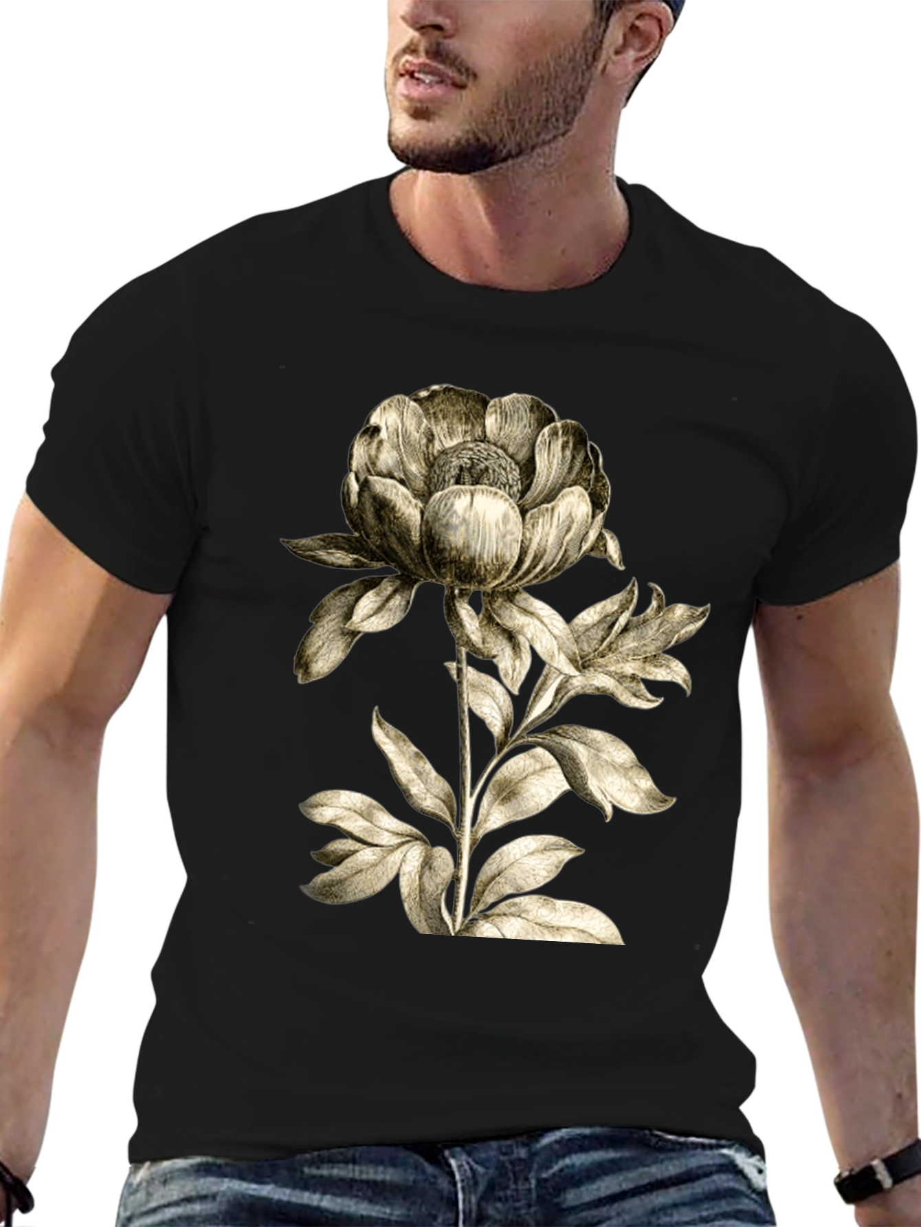 Botanical Flower Graphic T-Shirt - Black
