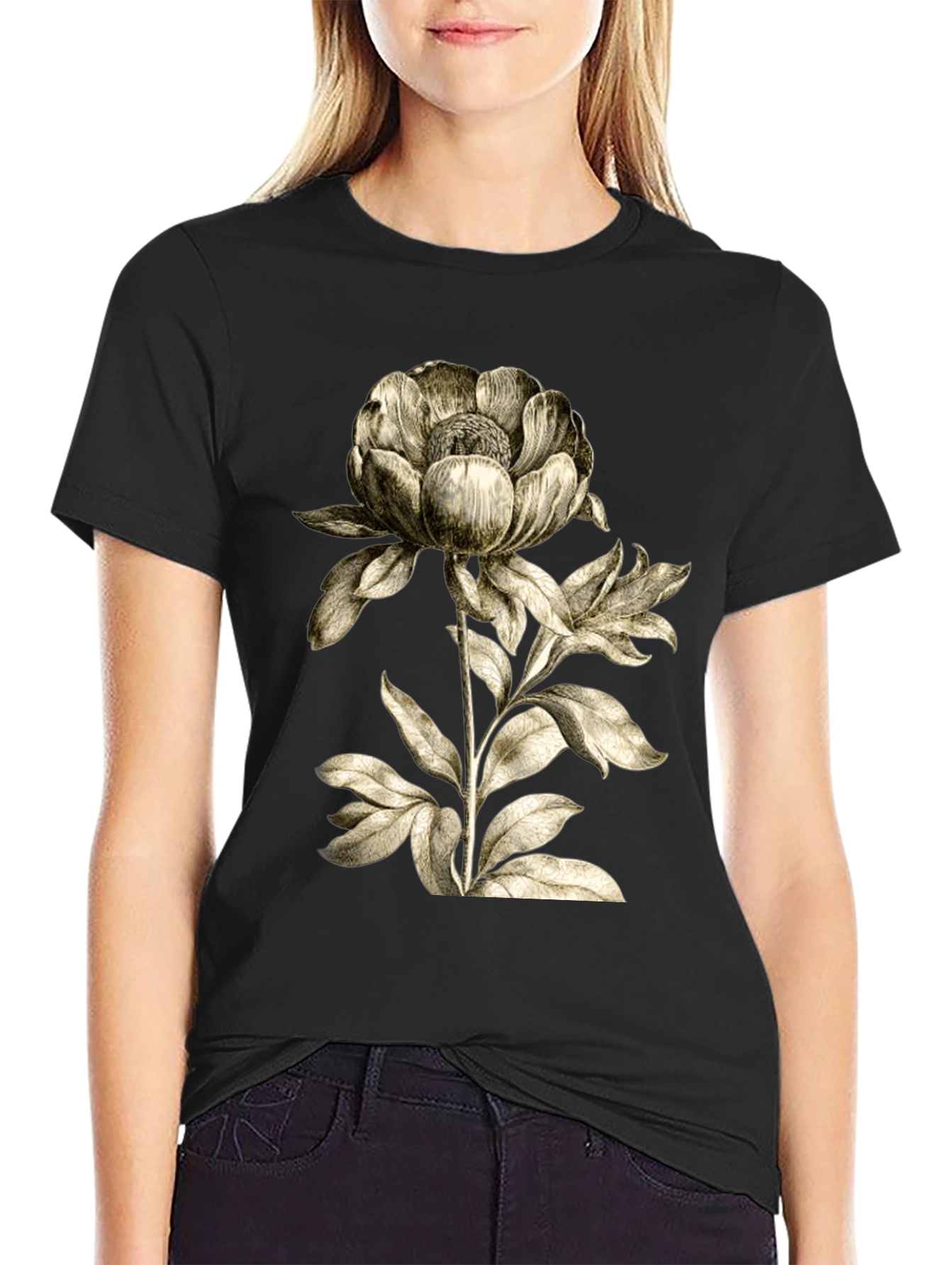 Botanical Flower Graphic T-Shirt - Black