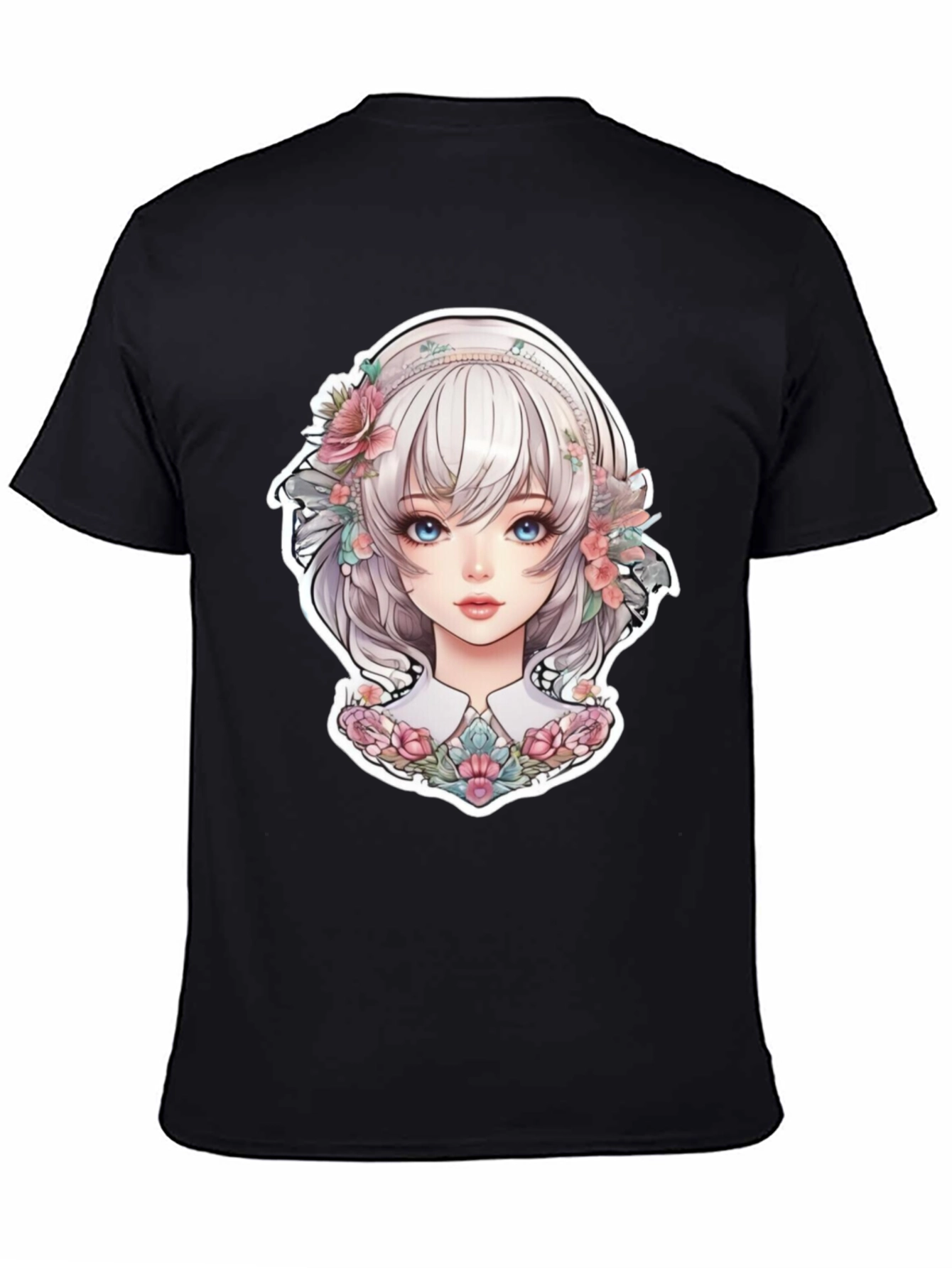 Anime Girl Floral Black T-Shirt